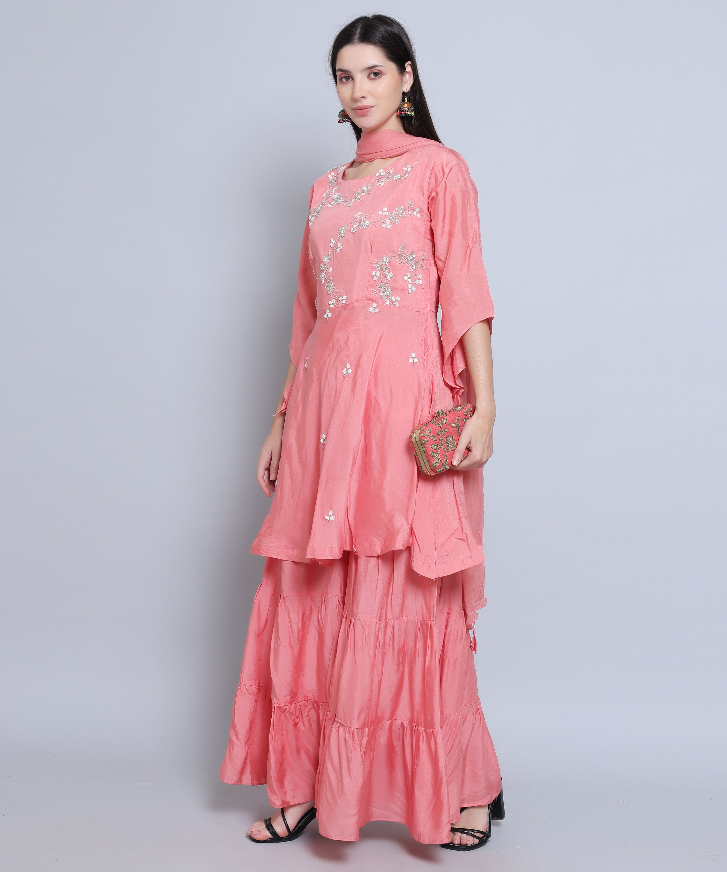 Pink Suit with Sharara in Muslin Silk with Hand Embroidery. 