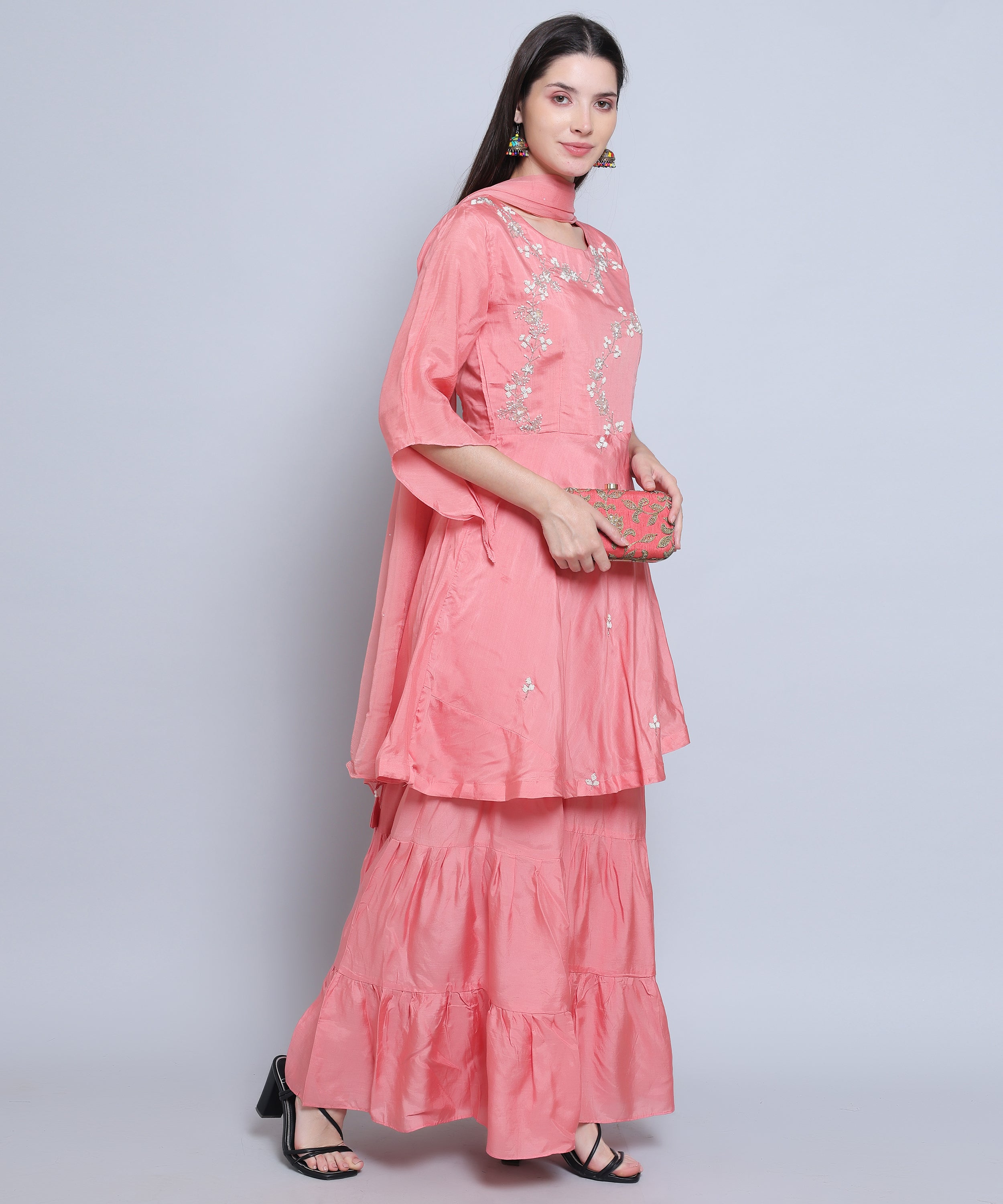 Pink Suit with Sharara in Muslin Silk with Hand Embroidery. 