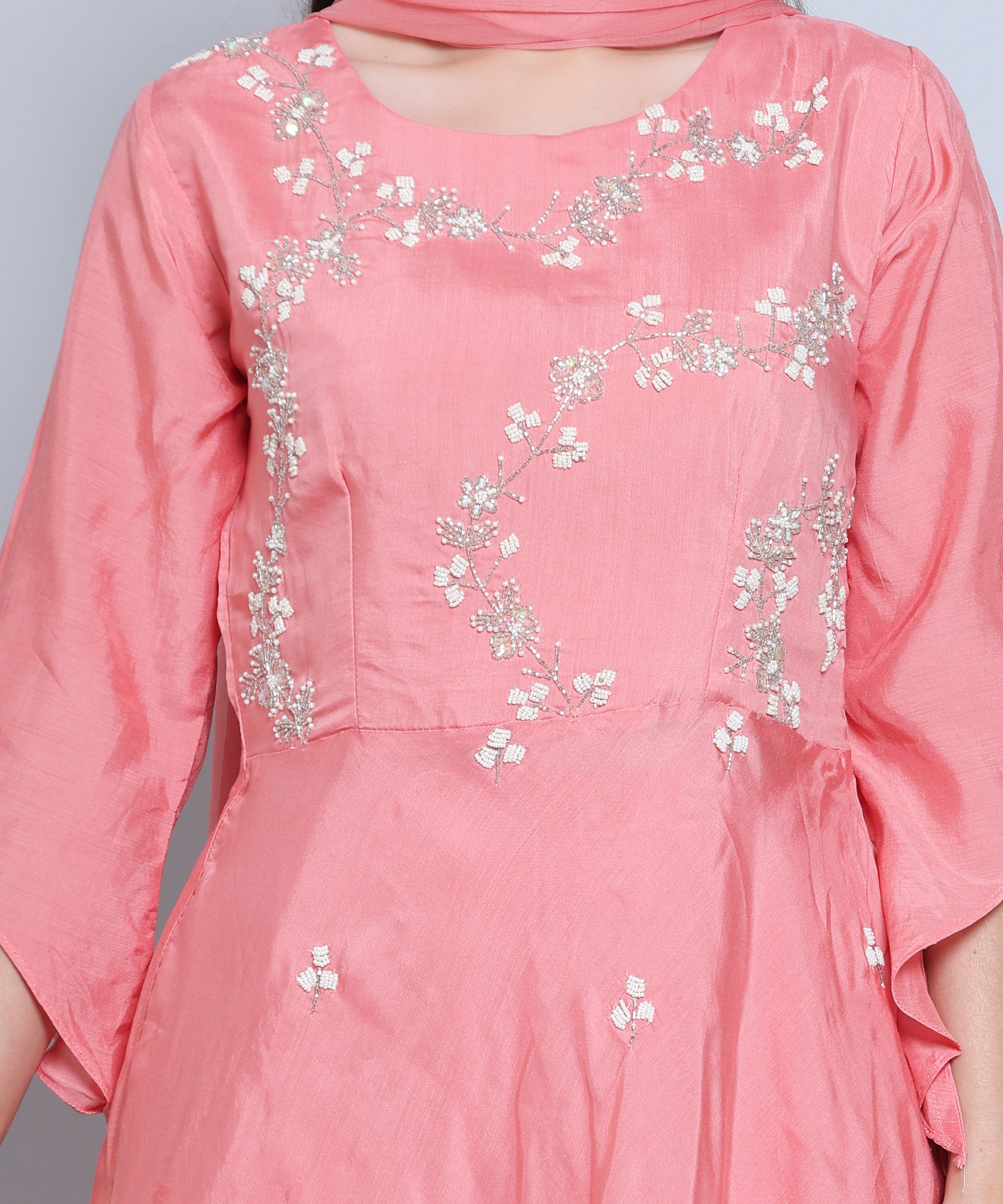 Pink Suit with Sharara in Muslin Silk with Hand Embroidery. 