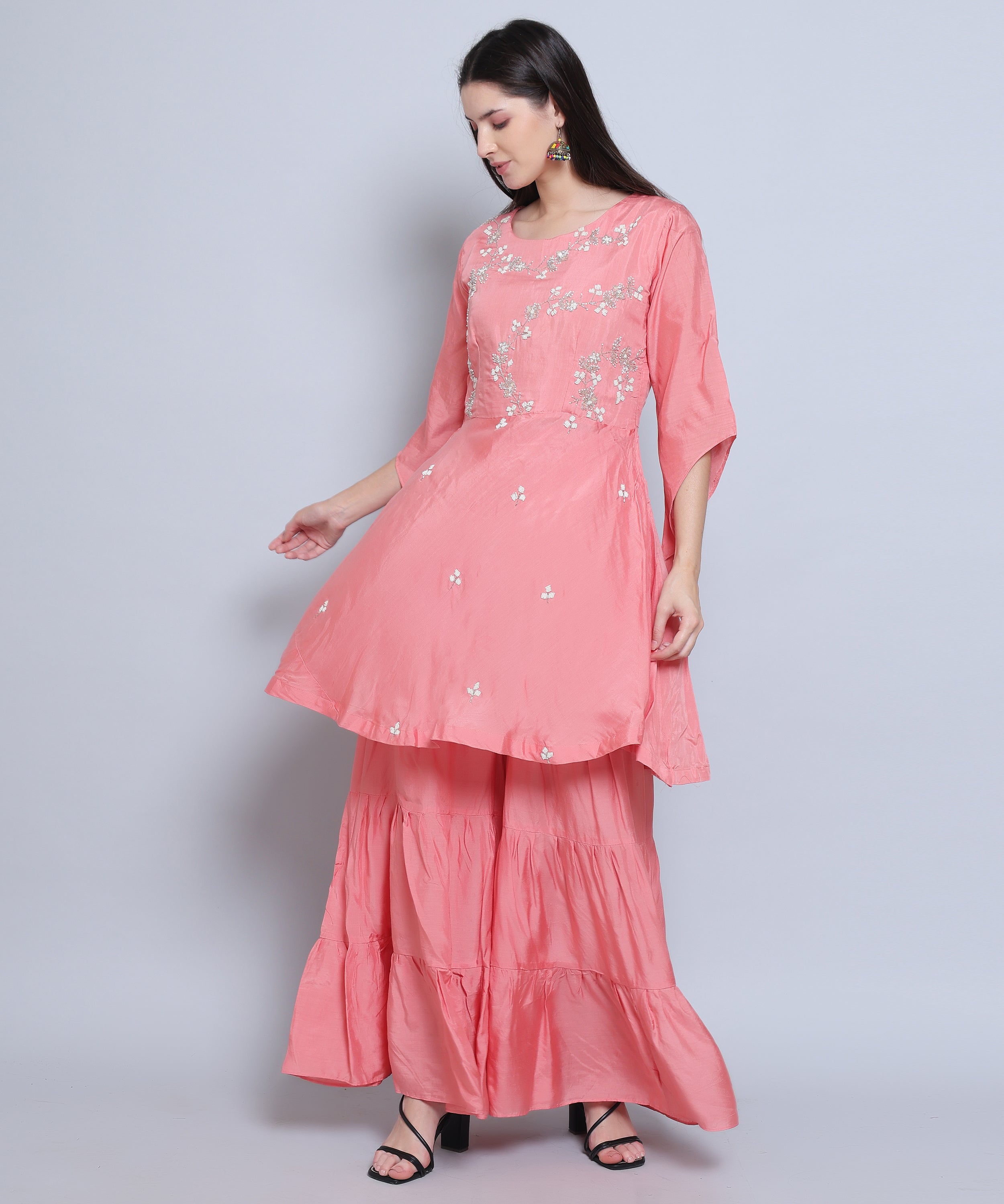 Pink Suit with Sharara in Muslin Silk with Hand Embroidery. 