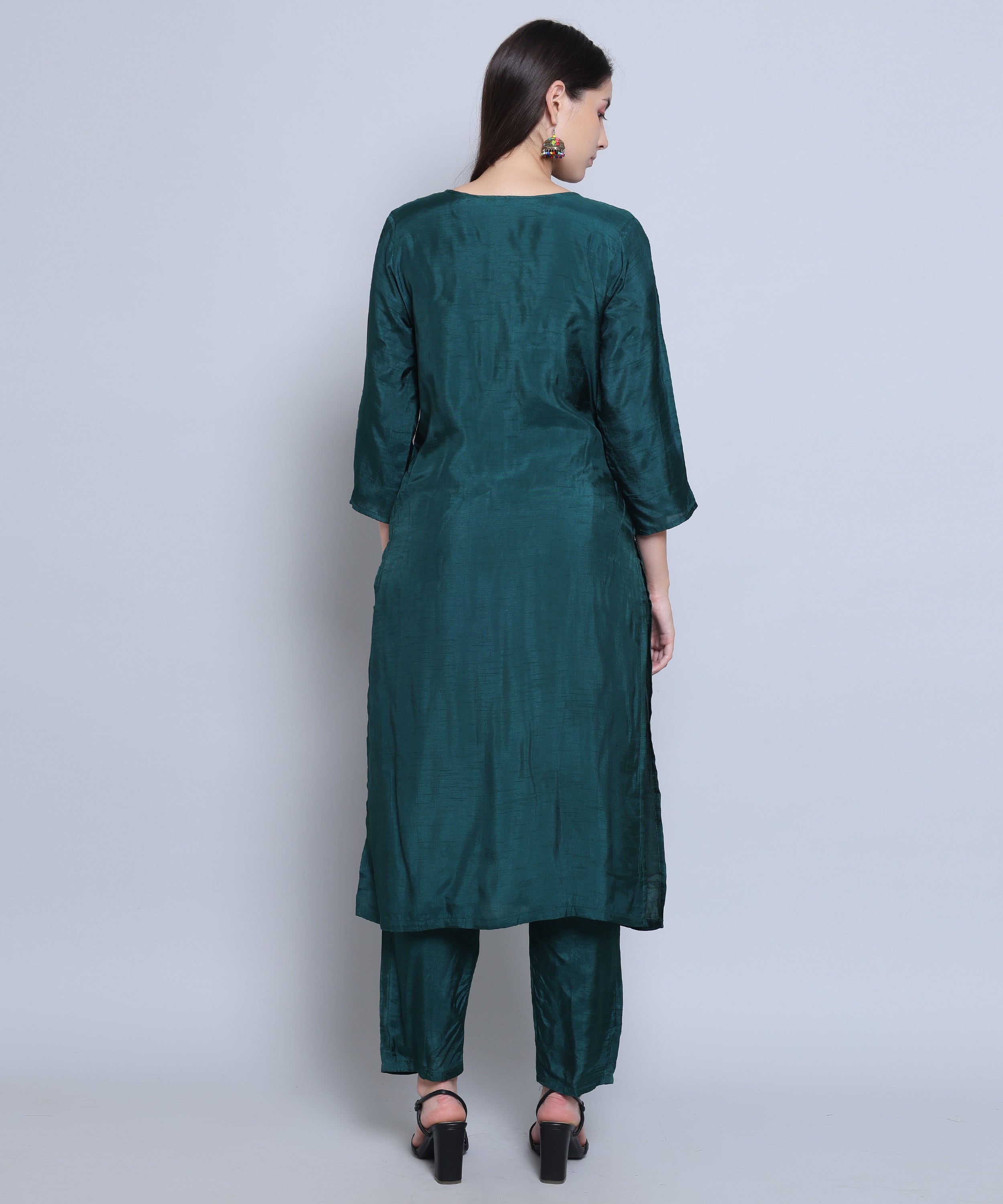 Green Suit with Pants in Dola Silk with Hand Embroidery