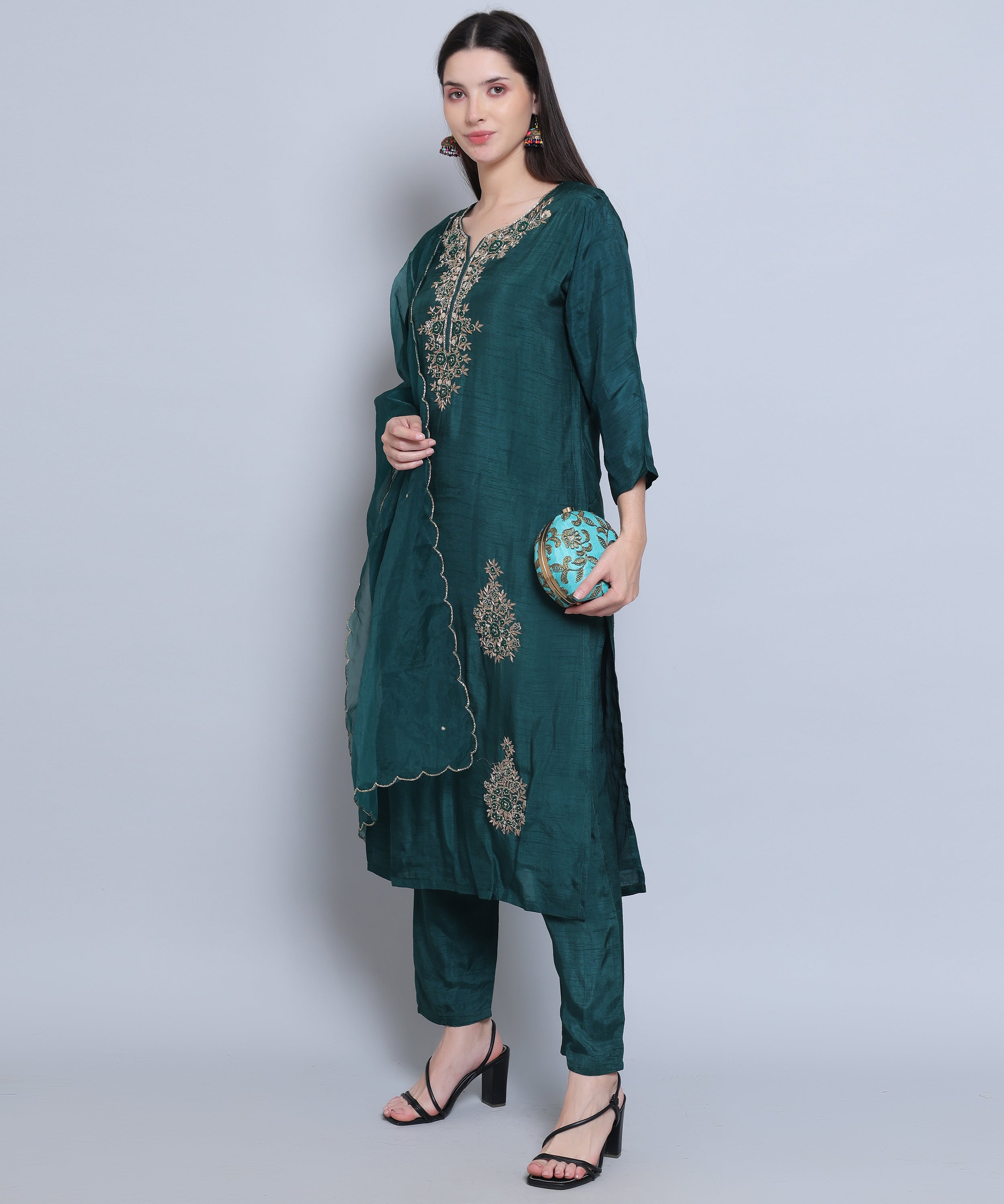 Green Suit with Pants in Dola Silk with Hand Embroidery