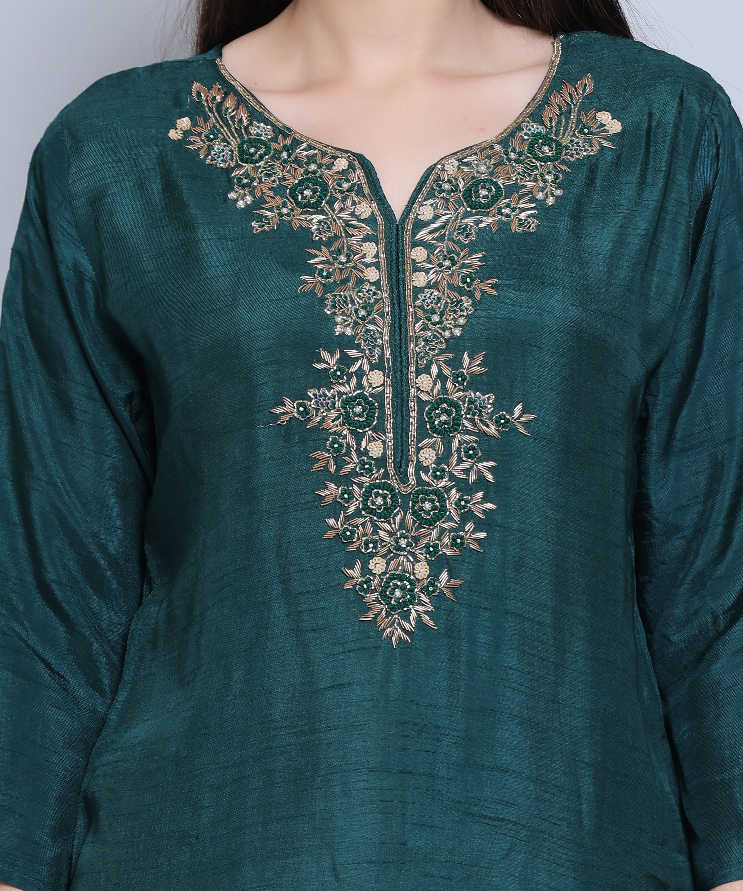 Green Suit with Pants in Dola Silk with Hand Embroidery