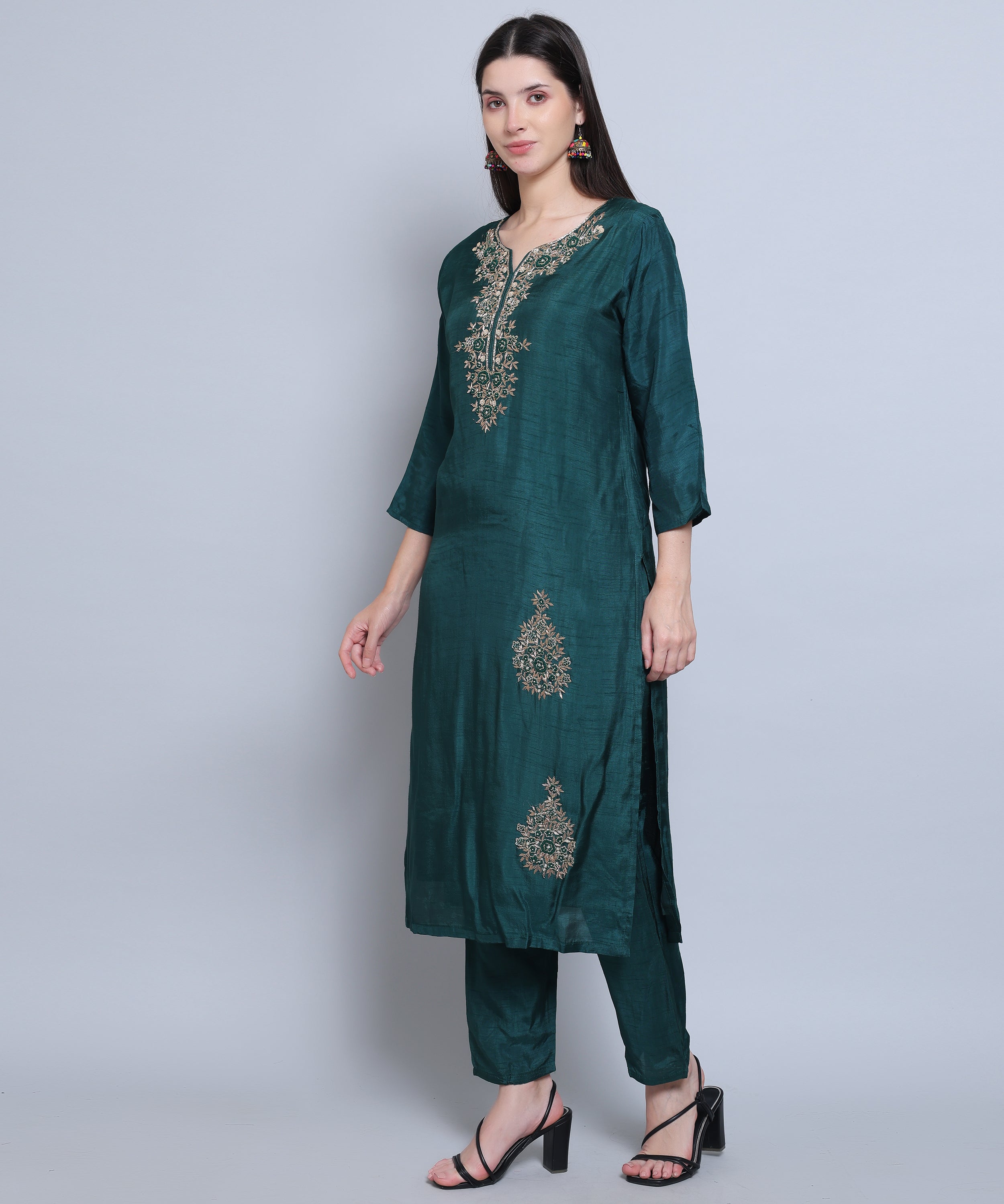 Green Suit with Pants in Dola Silk with Hand Embroidery