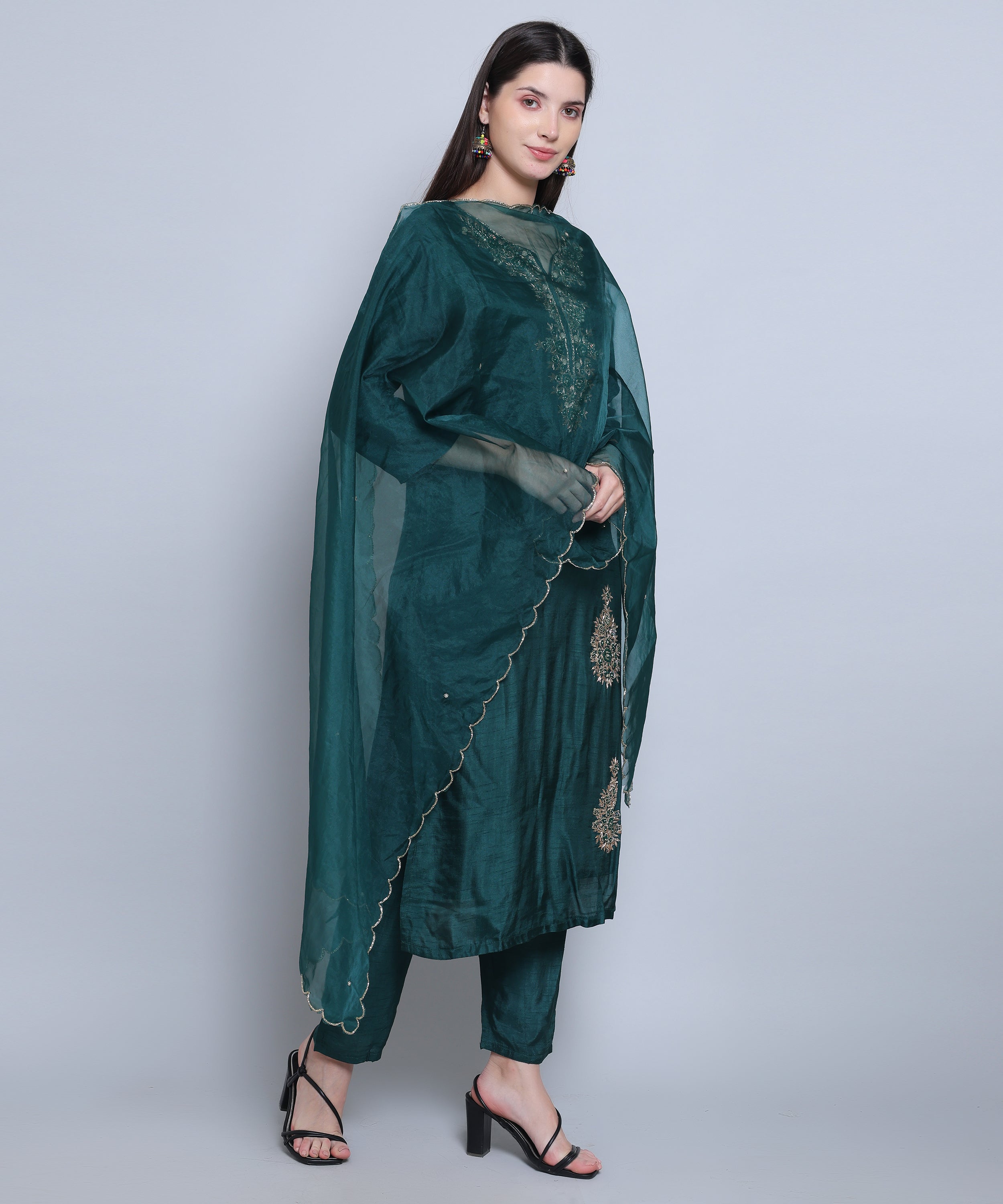 Green Suit with Pants in Dola Silk with Hand Embroidery