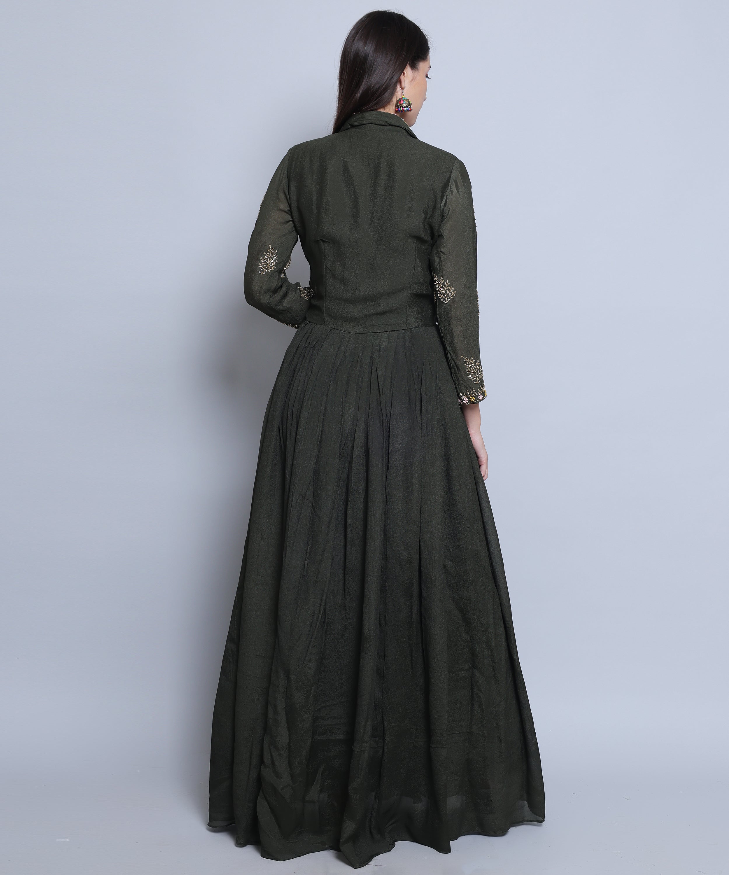 Green Gown in Chinon Fabric with Hand Embroidery