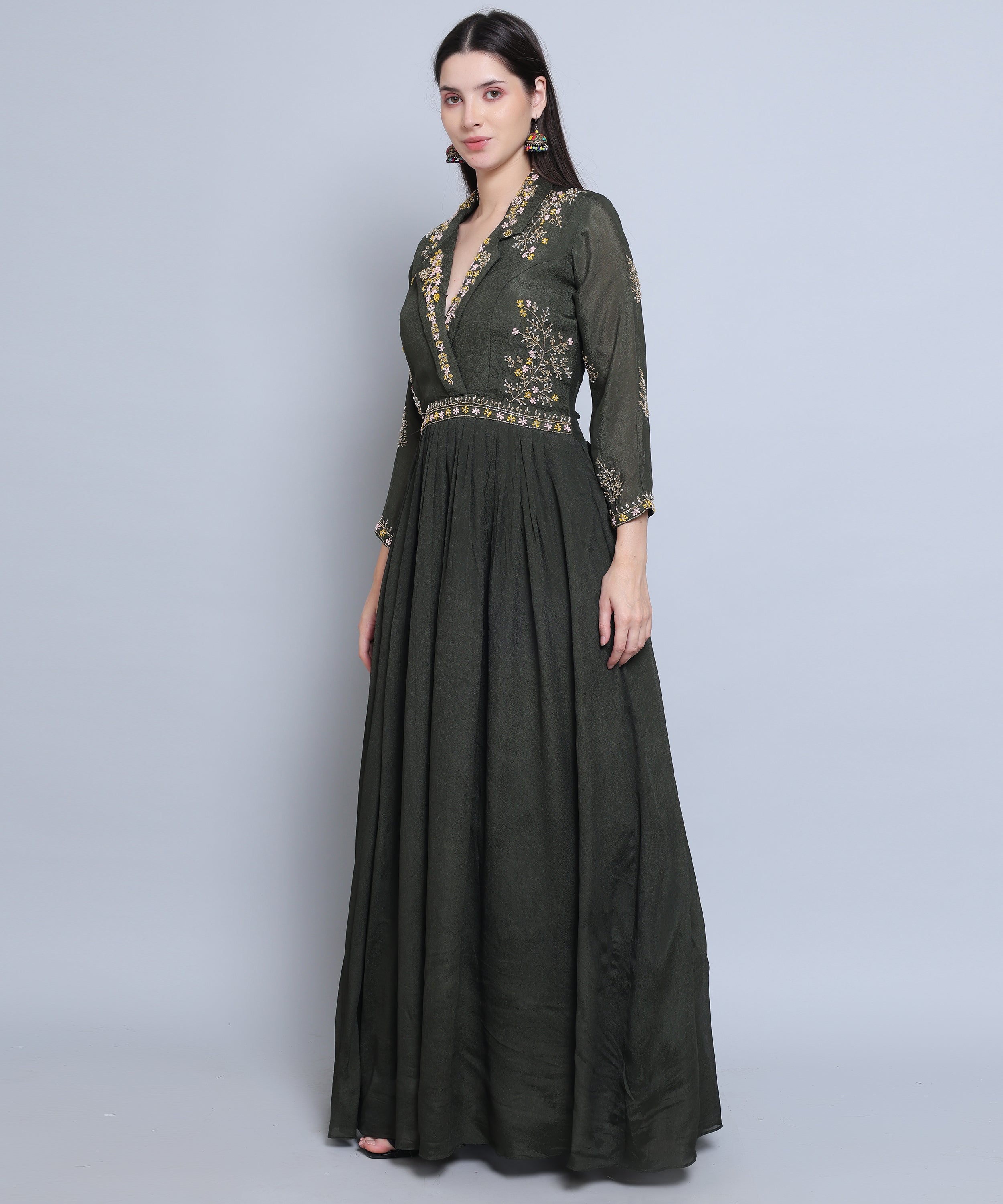 Green Gown in Chinon Fabric with Hand Embroidery