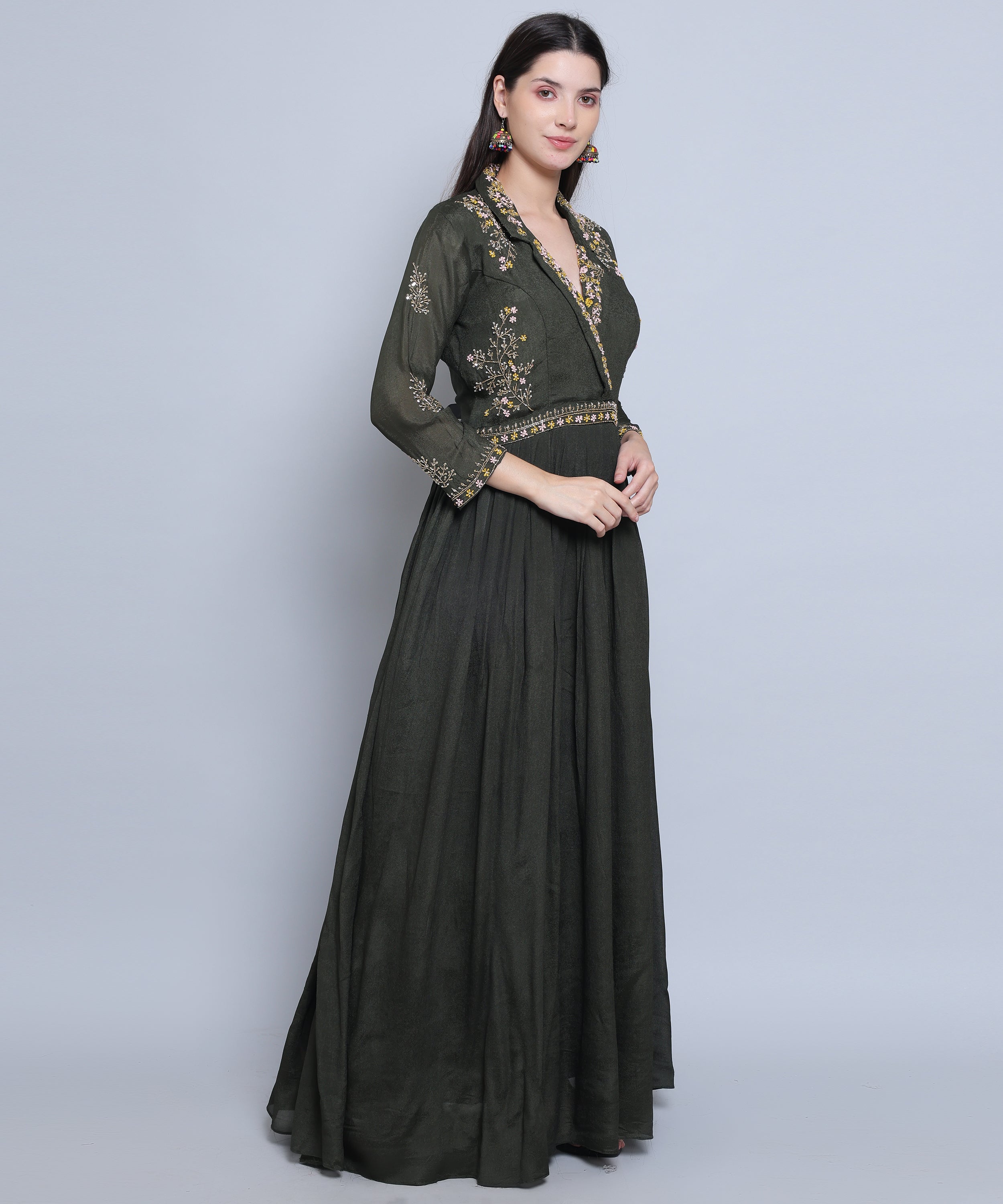 Green Gown in Chinon Fabric with Hand Embroidery