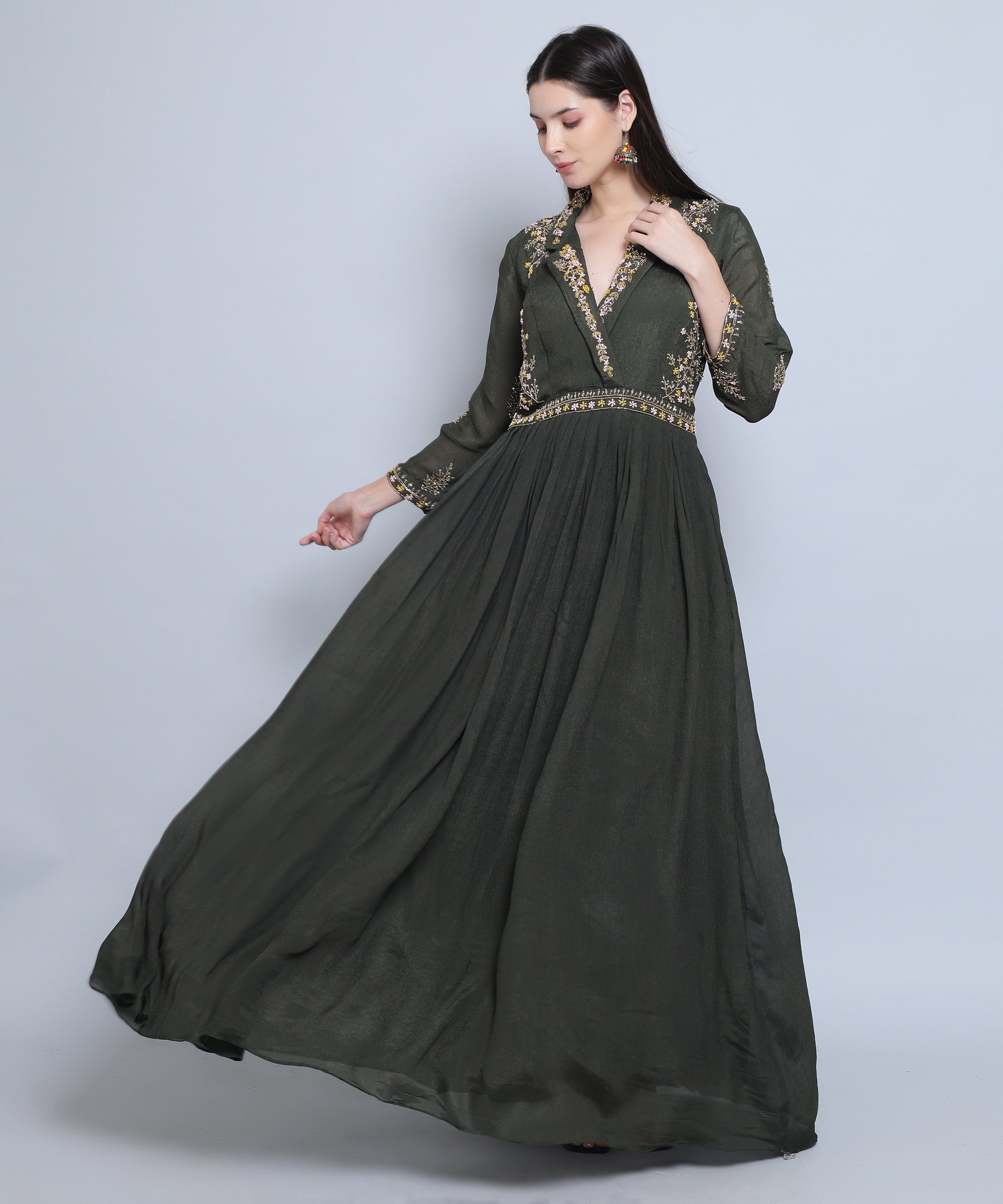 Green Gown in Chinon Fabric with Hand Embroidery