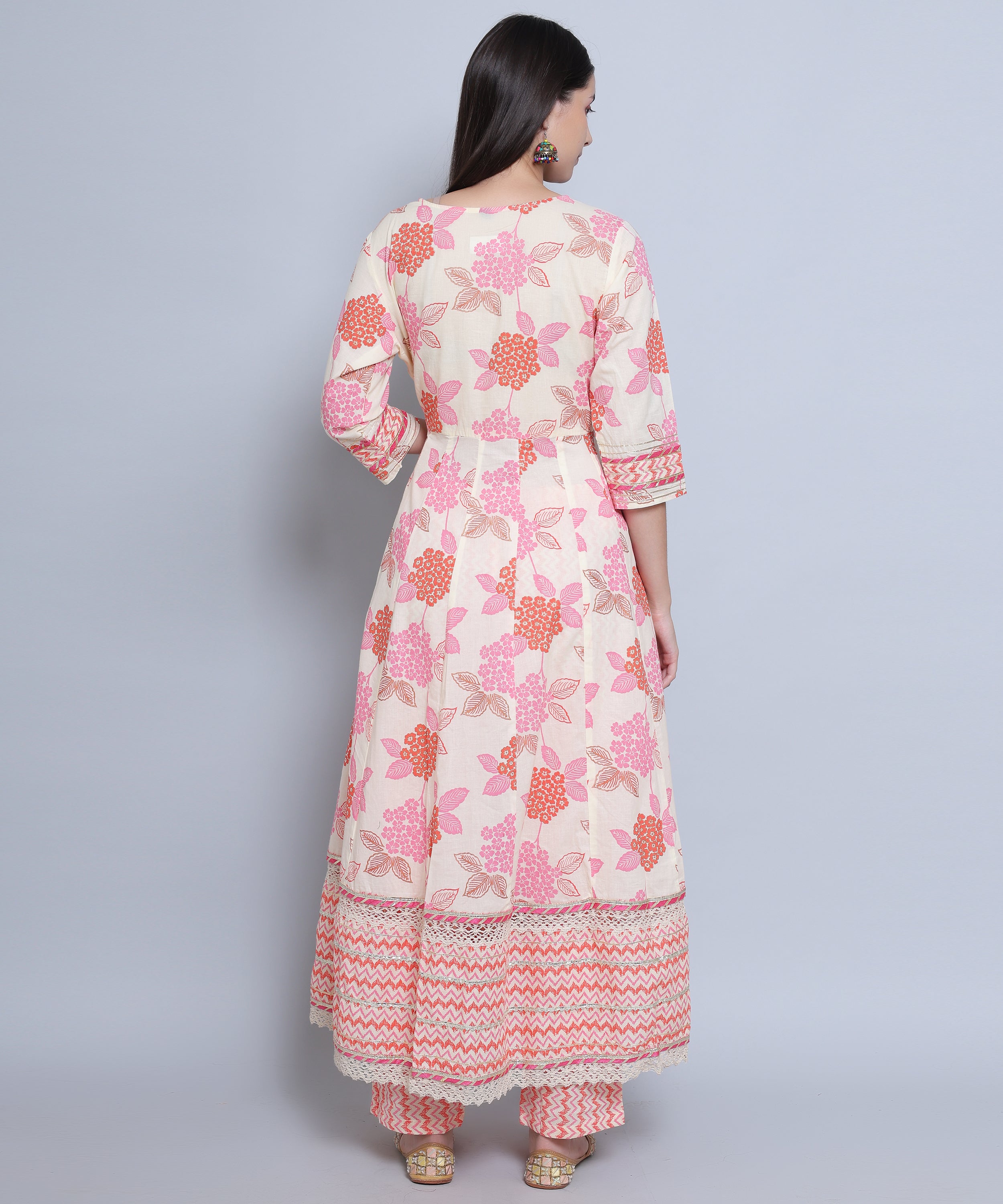 Off White Pink Floral Angrakha with Pants in Pure Cotton with Embroidery and Gota