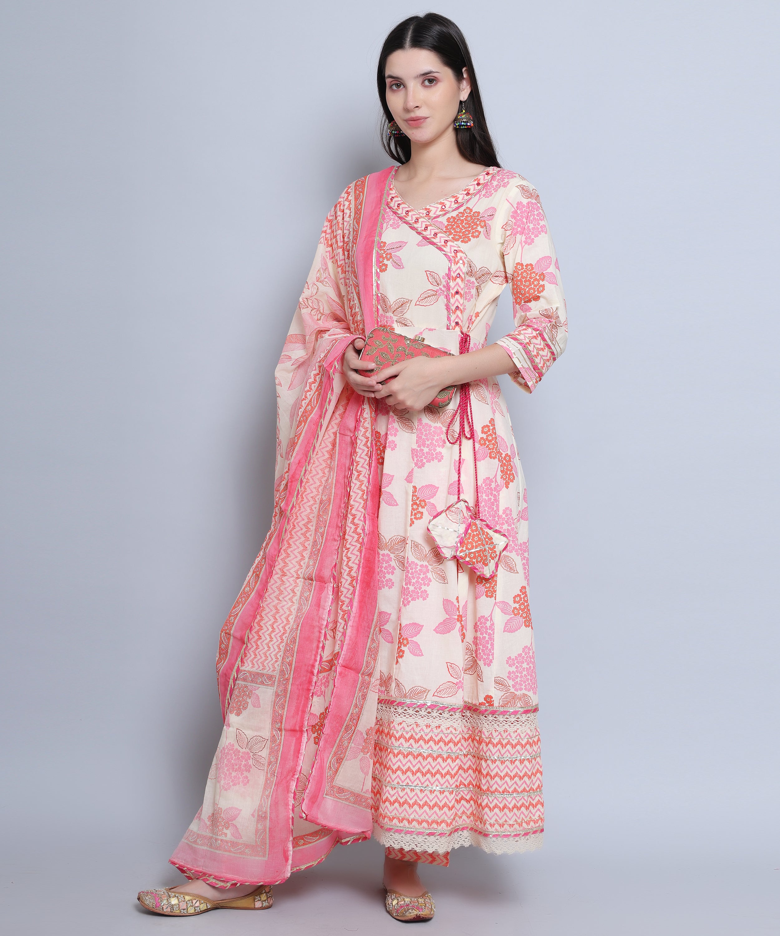 Off White Pink Floral Angrakha with Pants in Pure Cotton with Embroidery and Gota