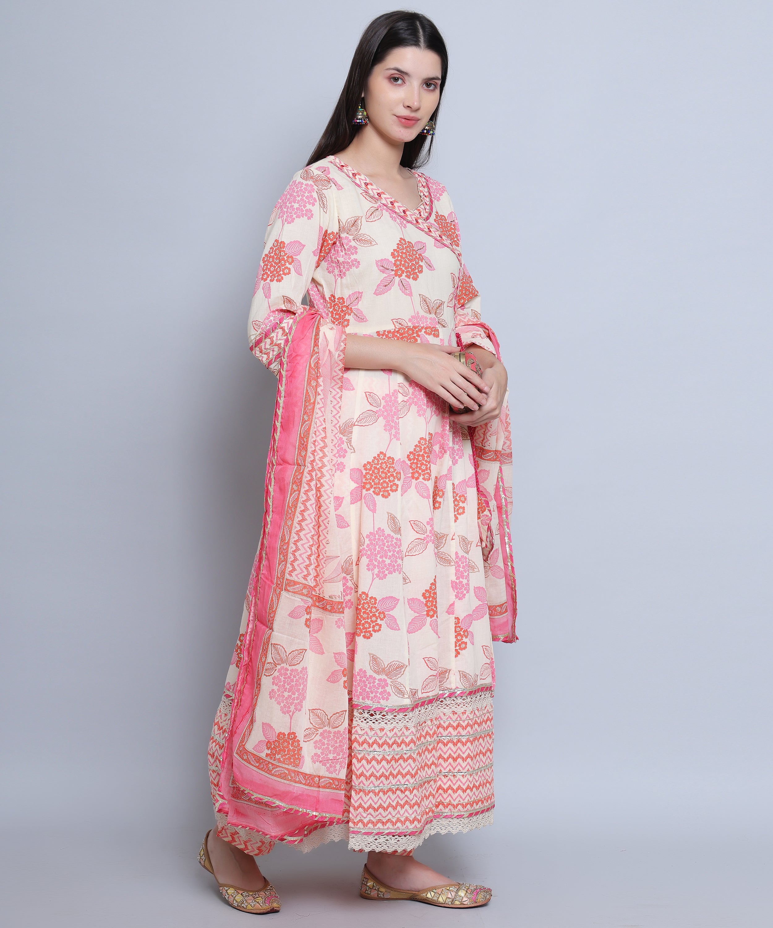 Off White Pink Floral Angrakha with Pants in Pure Cotton with Embroidery and Gota