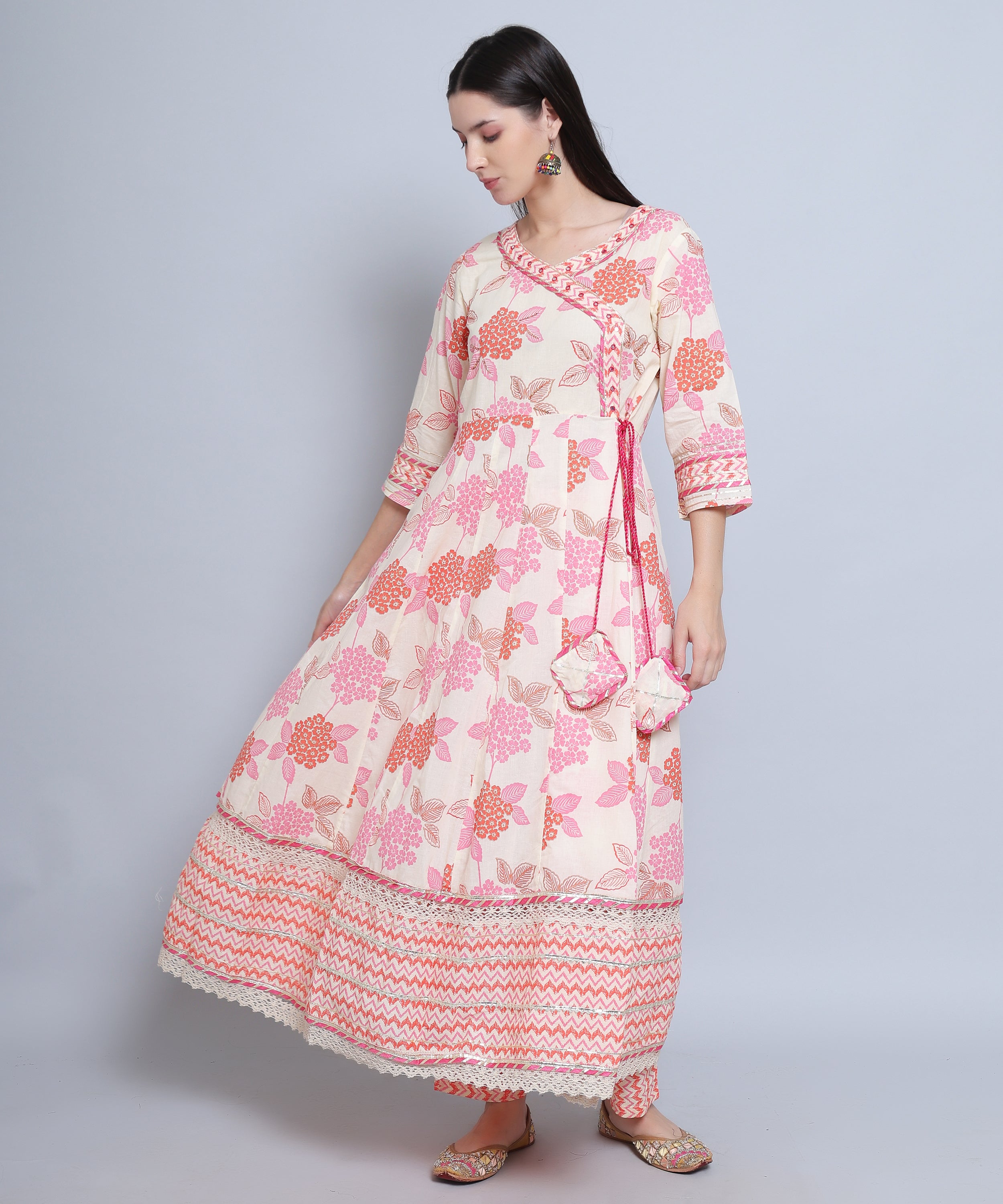 Off White Pink Floral Angrakha with Pants in Pure Cotton with Embroidery and Gota