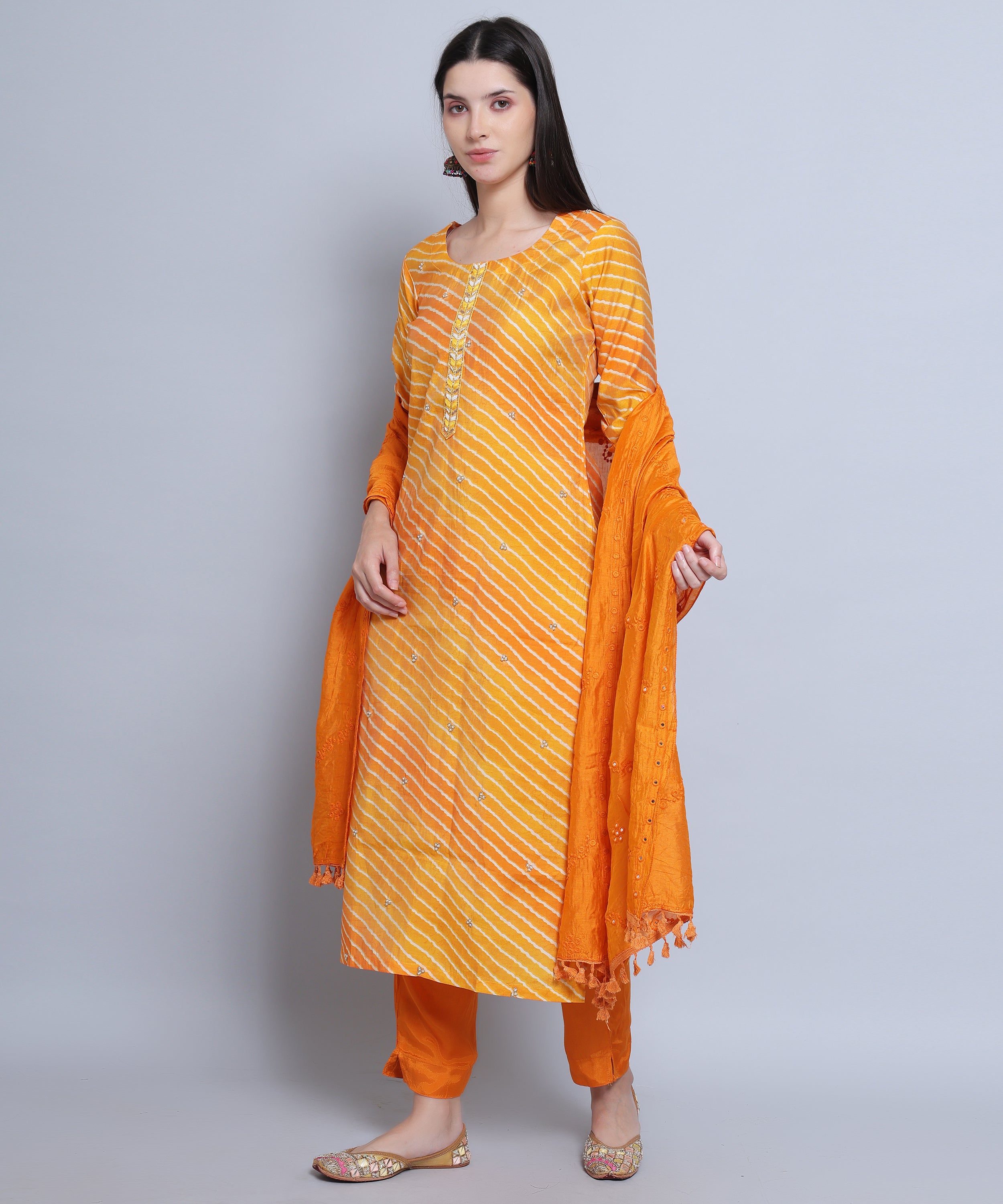 Orange Straight Suit with Pants in Muslin Silk with Embroidery