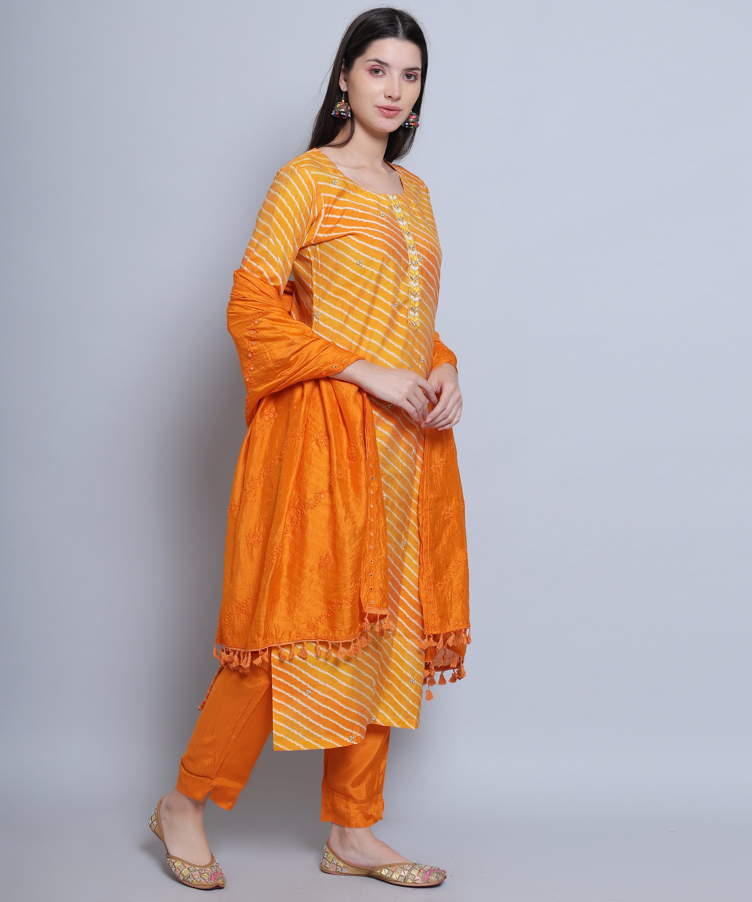 Orange Straight Suit with Pants in Muslin Silk with Embroidery