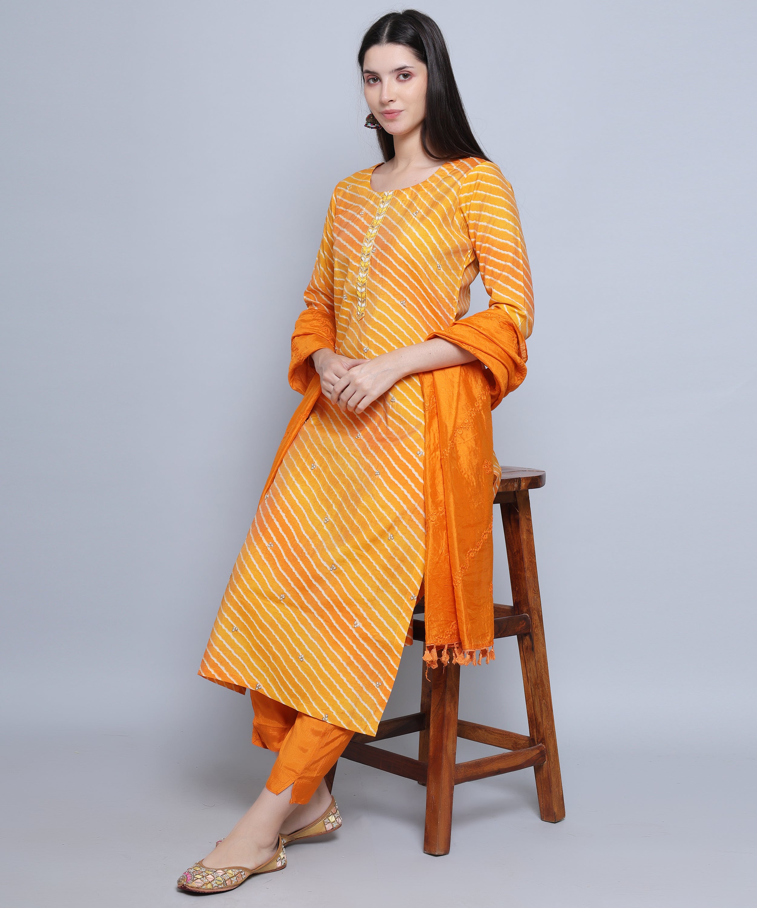 Orange Straight Suit with Pants in Muslin Silk with Embroidery