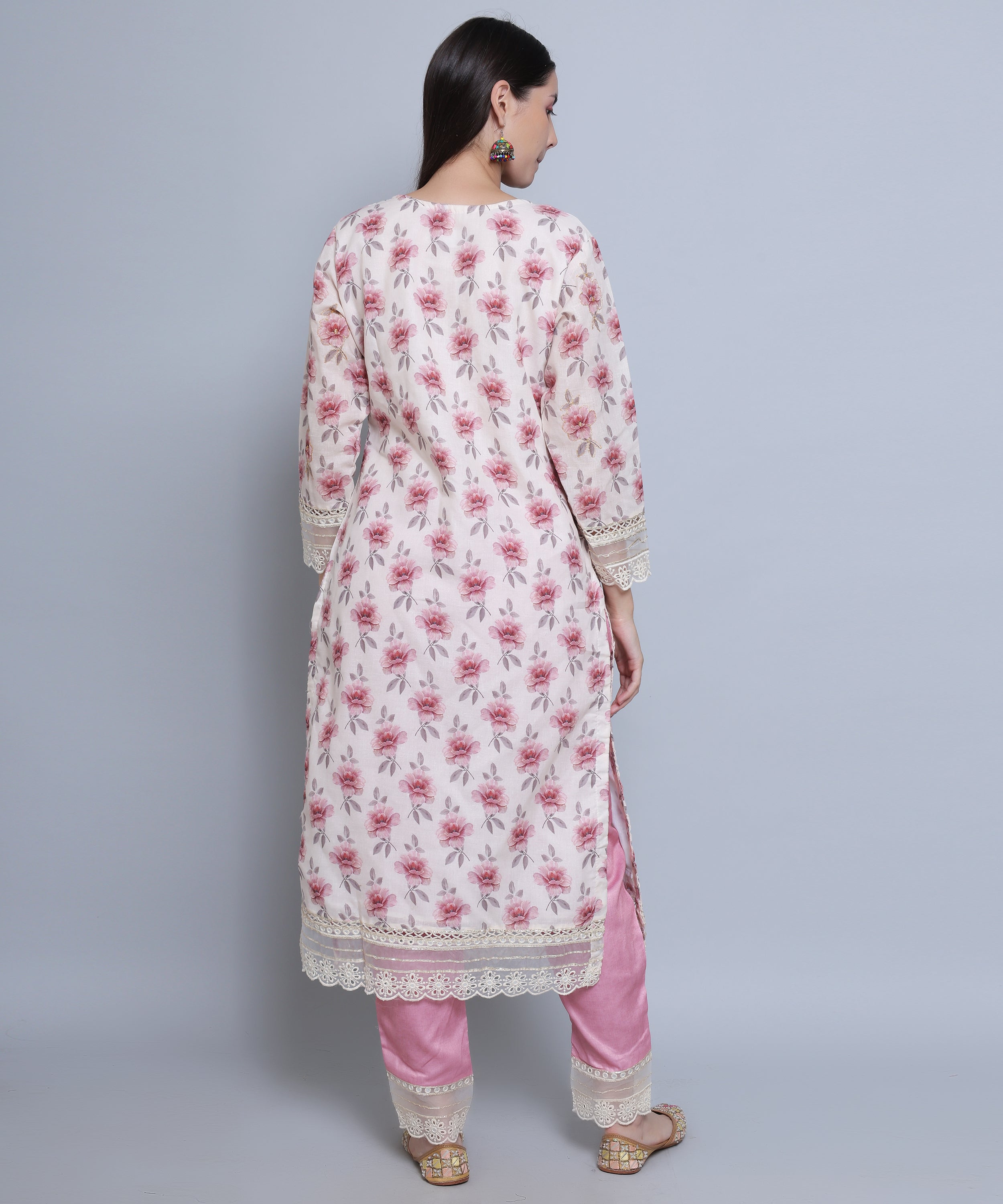 Pink Floral Straight Suit with Pants in Mulmul Cotton with Crochet 