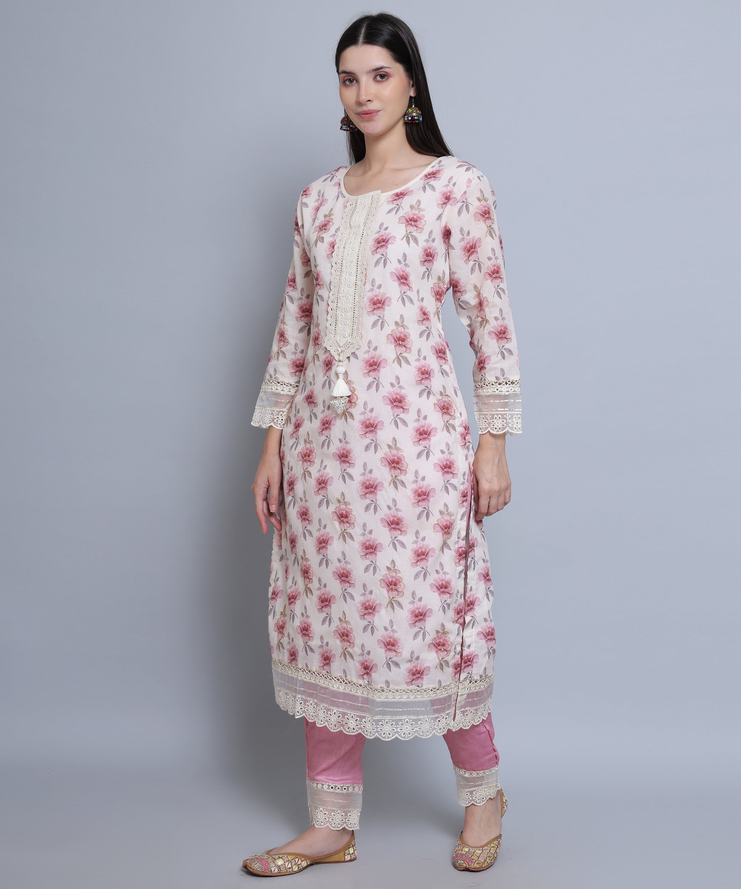 Pink Floral Straight Suit with Pants in Mulmul Cotton with Crochet 