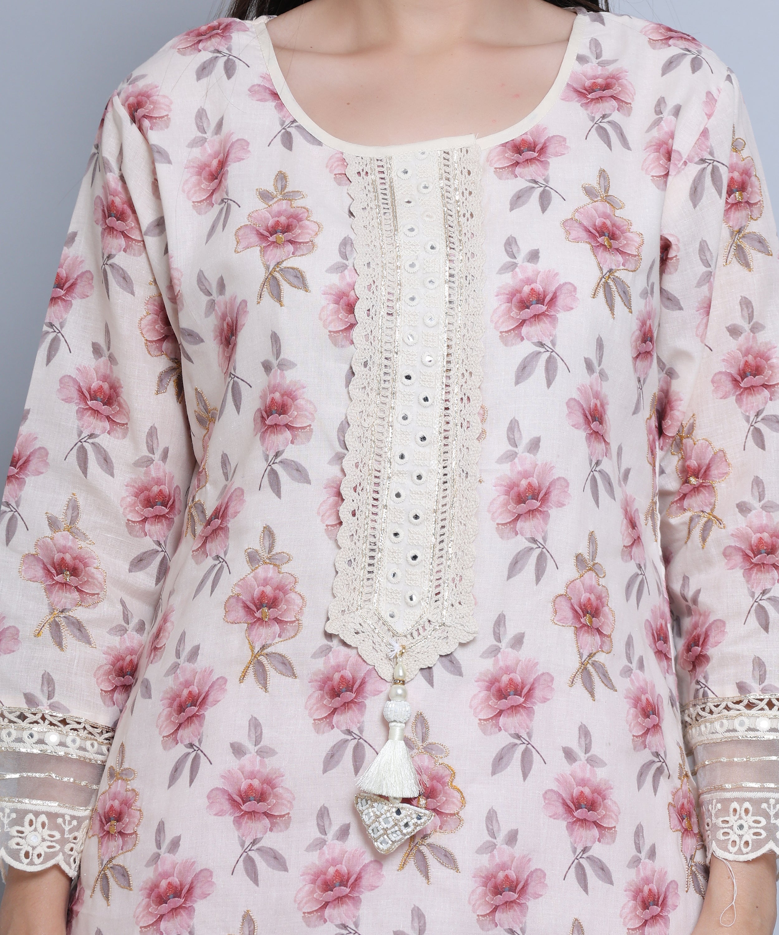 Pink Floral Straight Suit with Pants in Mulmul Cotton with Crochet 