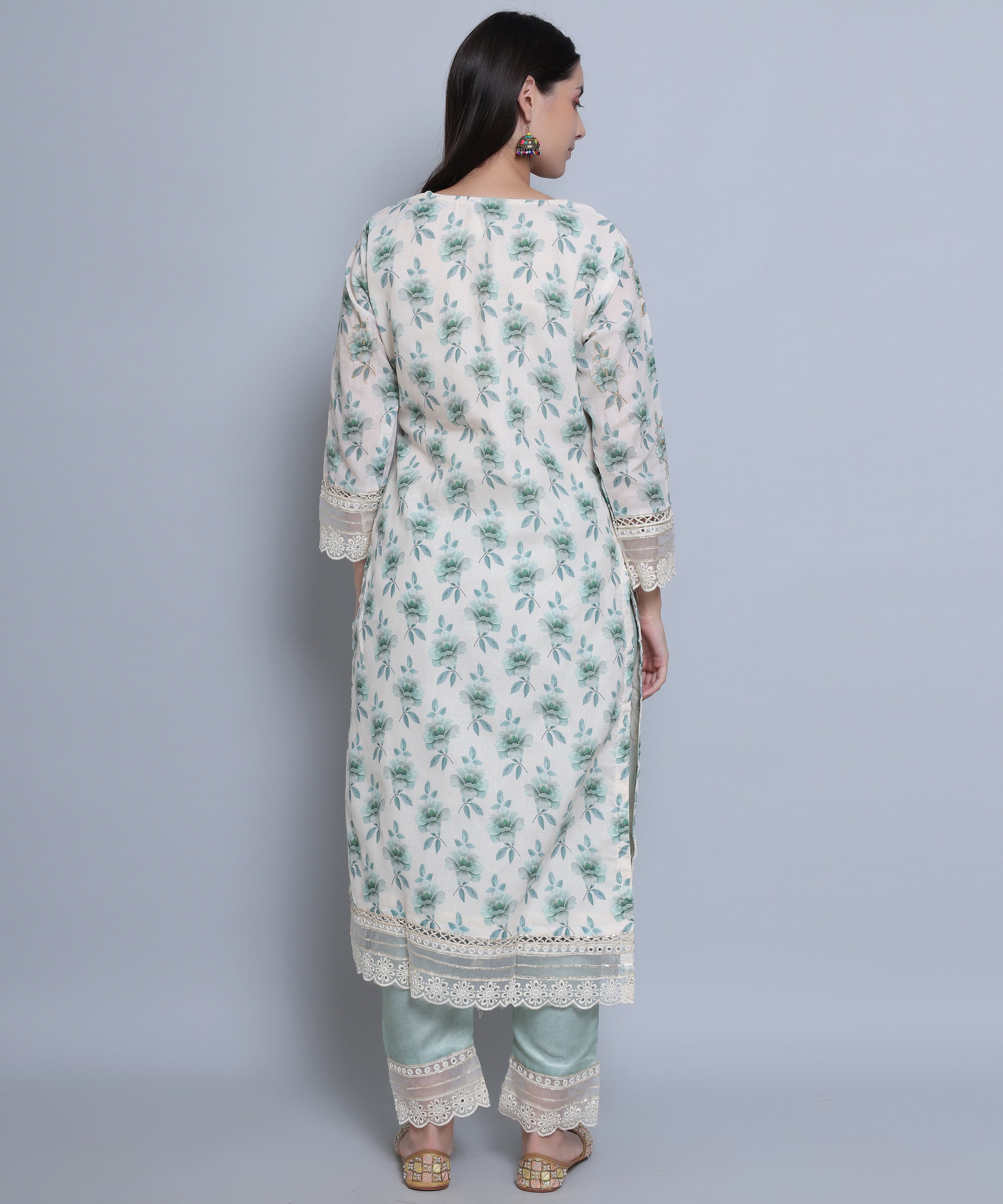 Green Floral Straight Suit with Pants in Mulmul Cotton with Crochet 