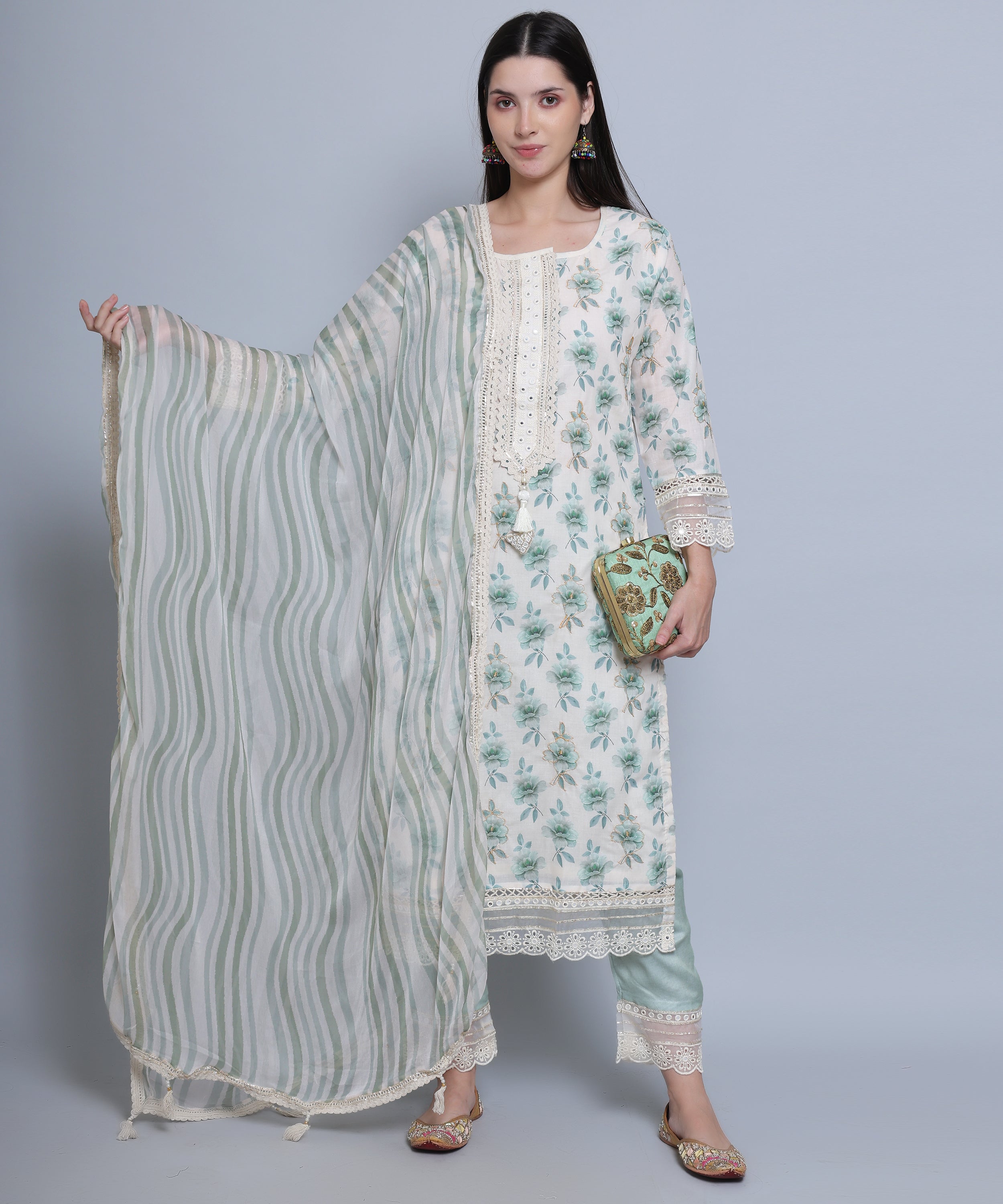 Green Floral Straight Suit with Pants in Mulmul Cotton with Crochet 