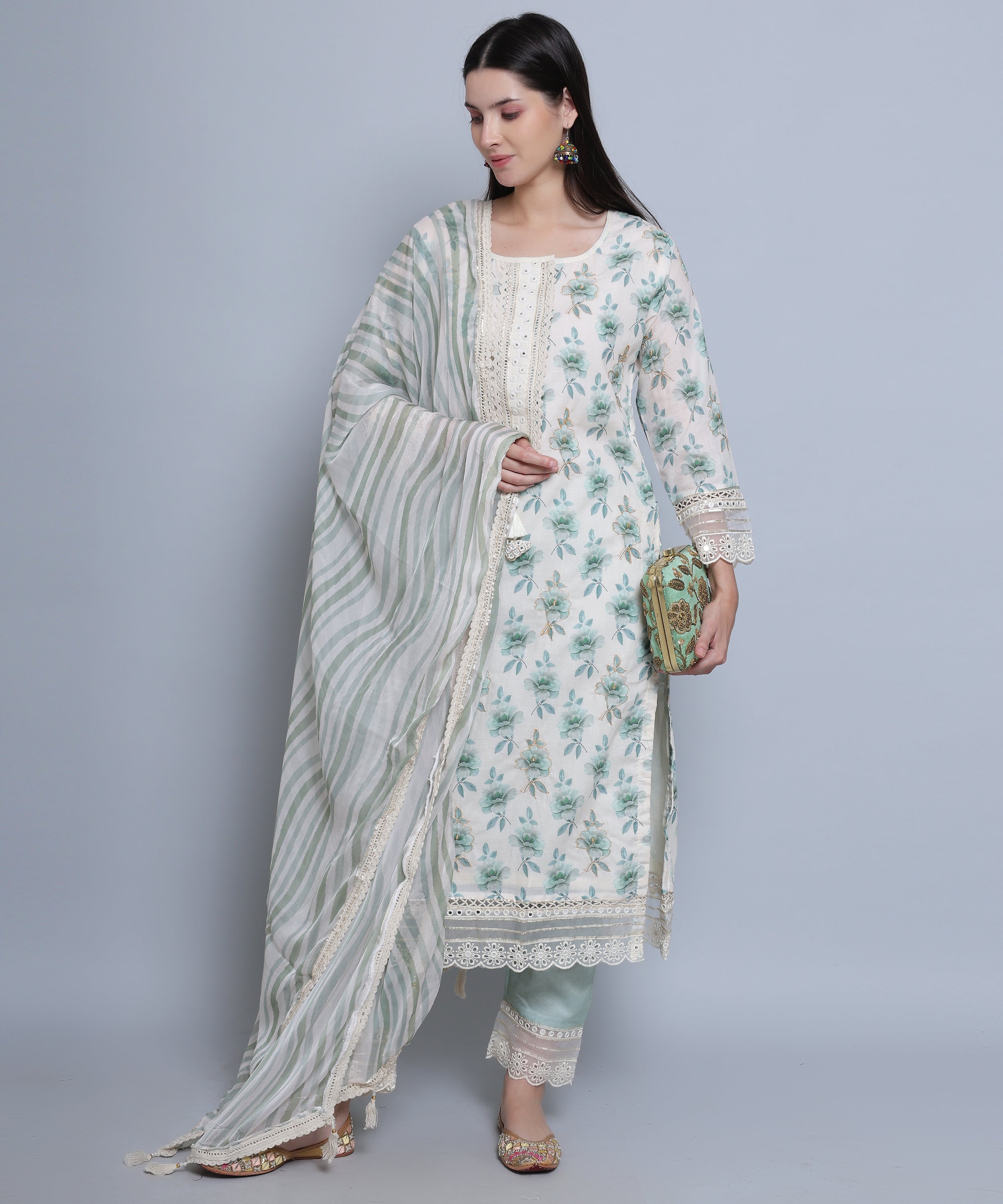 Green Floral Straight Suit with Pants in Mulmul Cotton with Crochet 