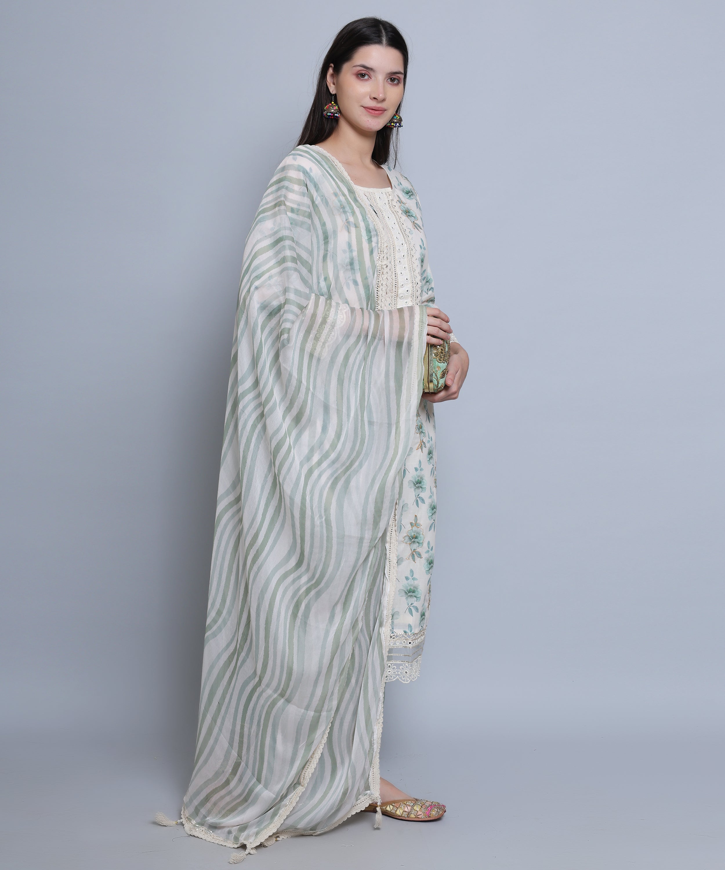 Green Floral Straight Suit with Pants in Mulmul Cotton with Crochet 