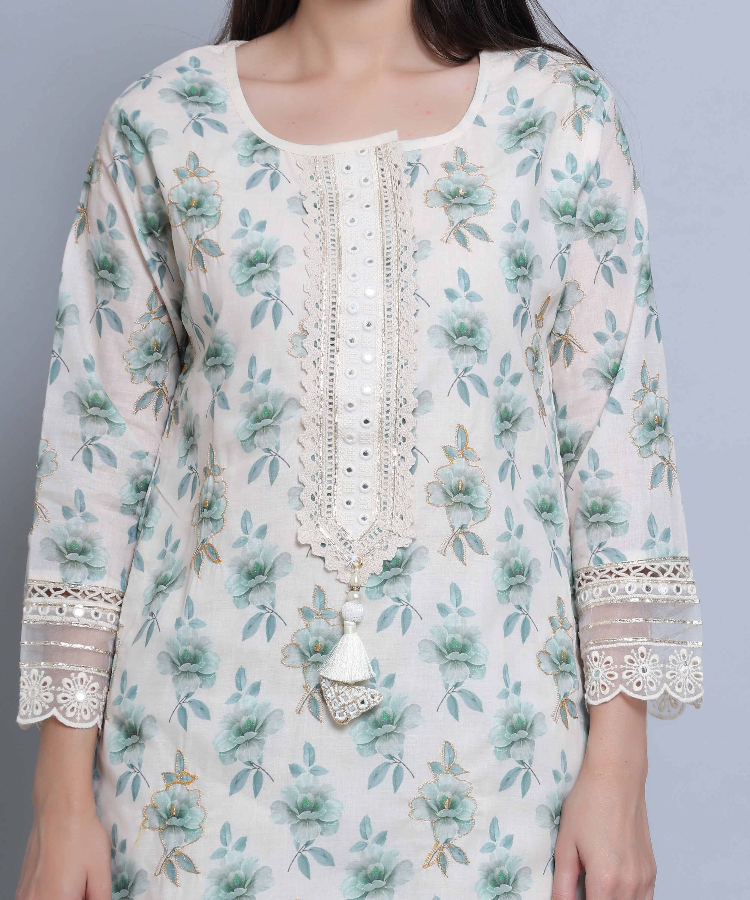 Green Floral Straight Suit with Pants in Mulmul Cotton with Crochet 