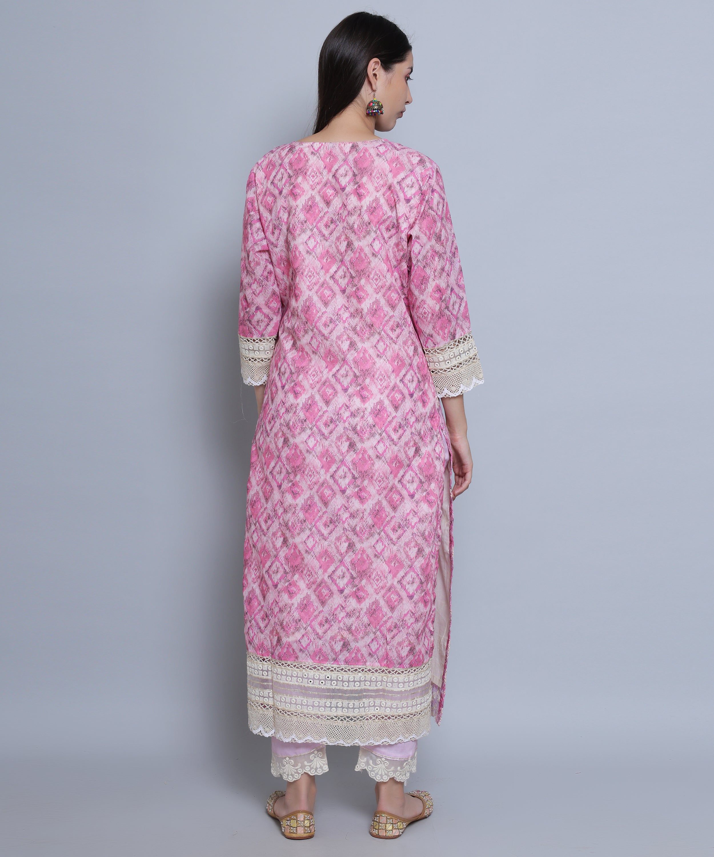 Pink Floral Straight Suit with Pants in Mulmul Cotton with Crochet