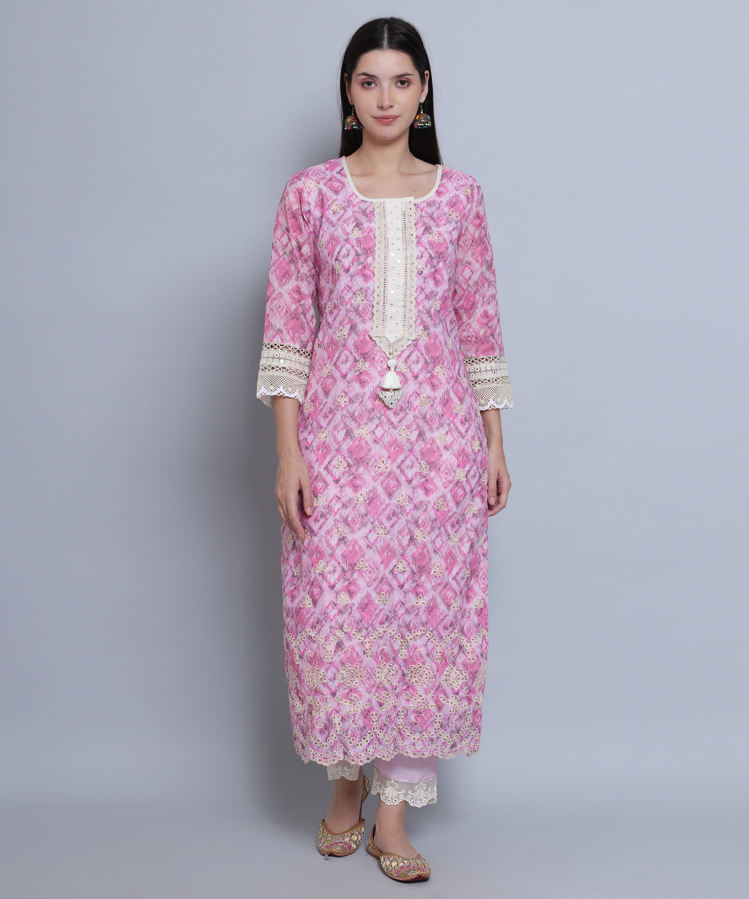 Pink Floral Straight Suit with Pants in Mulmul Cotton with Crochet