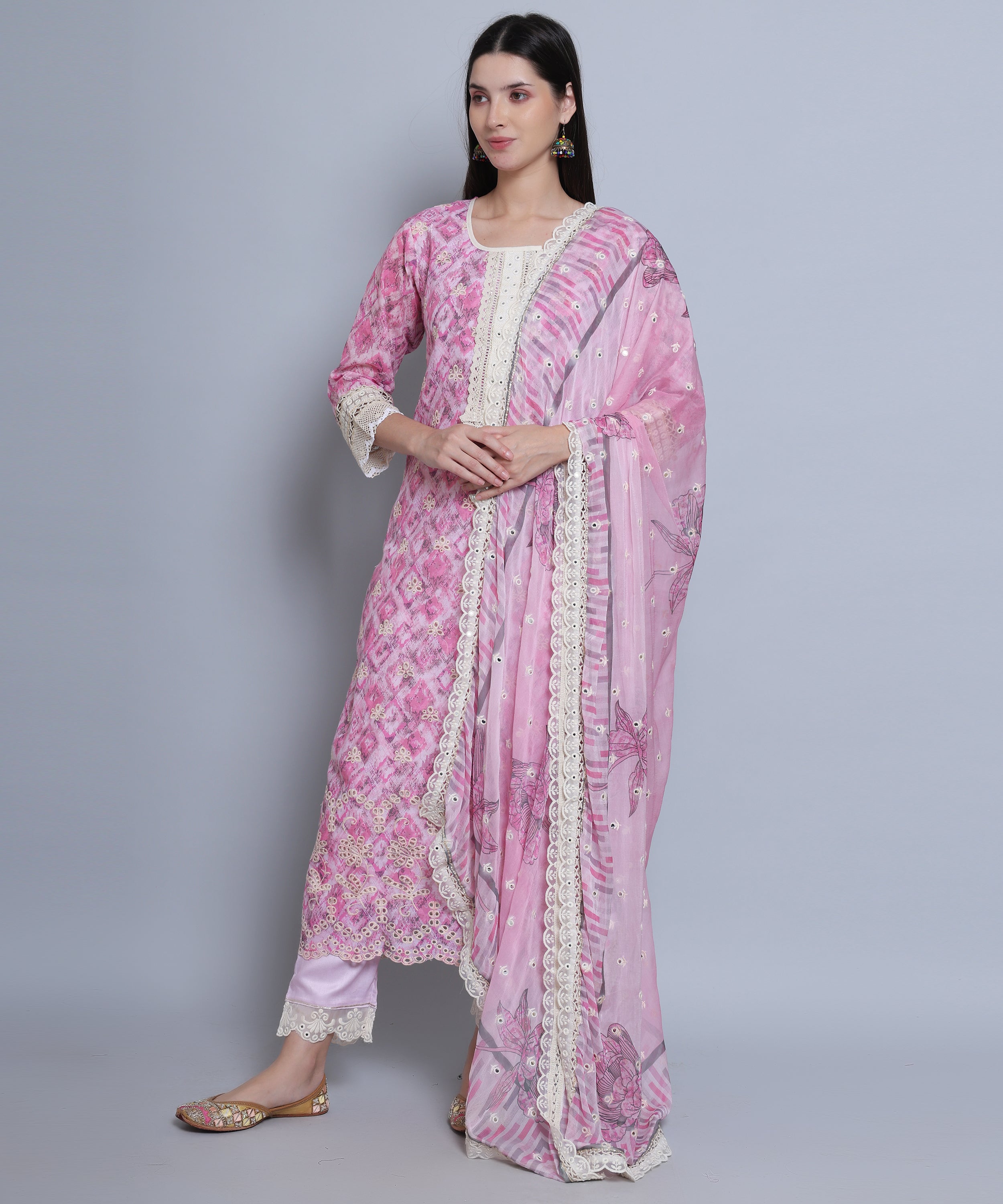 Pink Floral Straight Suit with Pants in Mulmul Cotton with Crochet