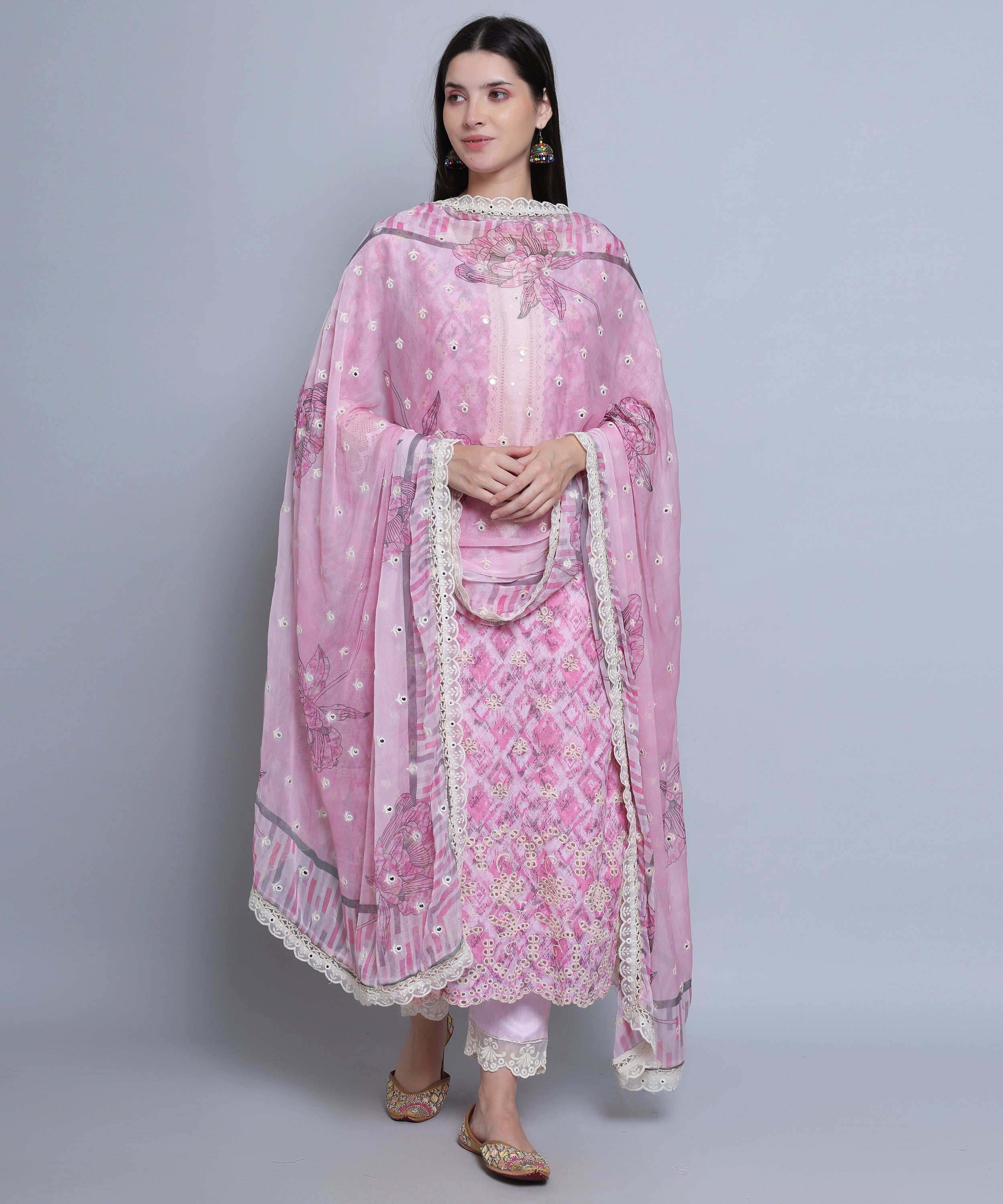 Pink Floral Straight Suit with Pants in Mulmul Cotton with Crochet