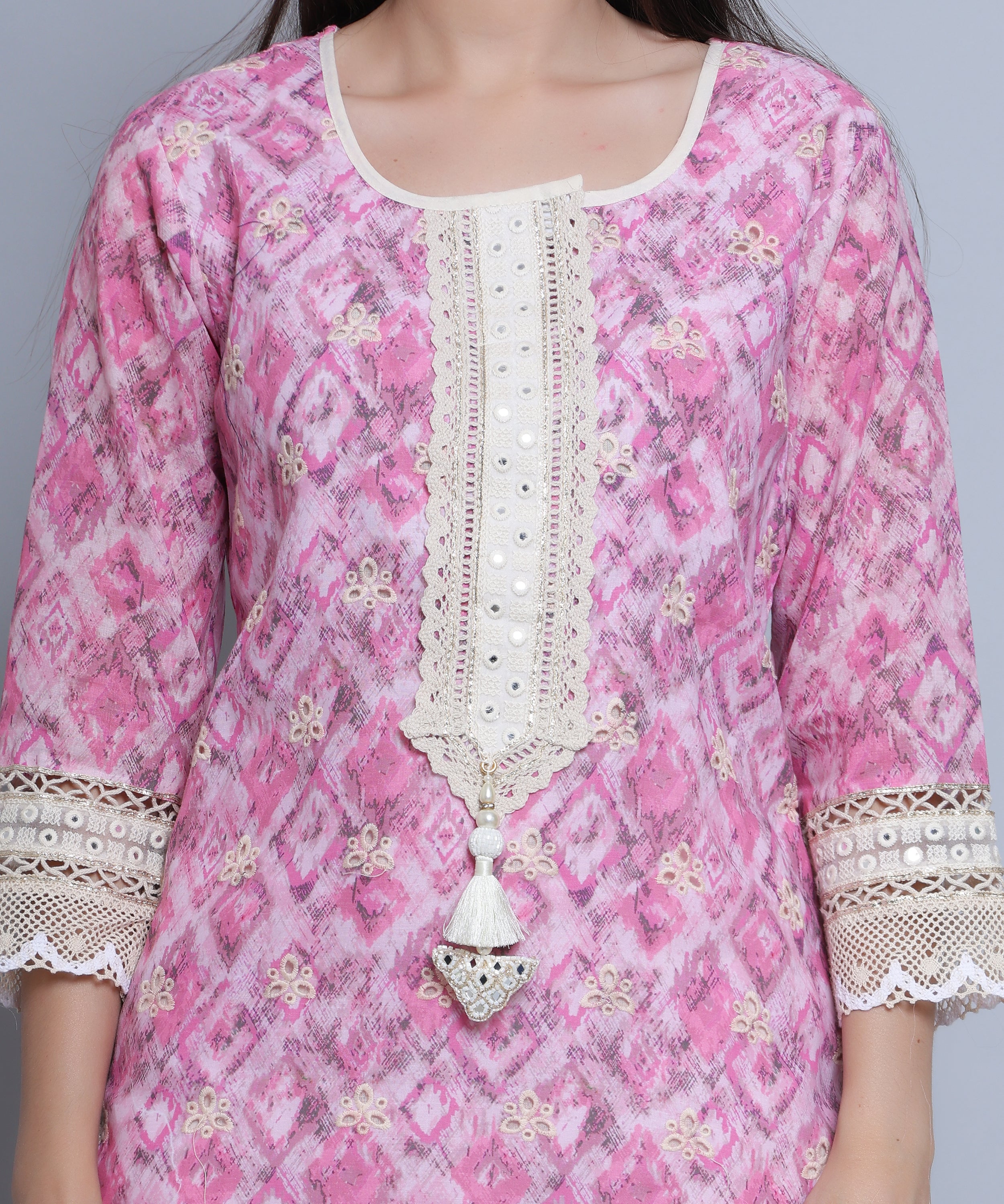 Pink Floral Straight Suit with Pants in Mulmul Cotton with Crochet