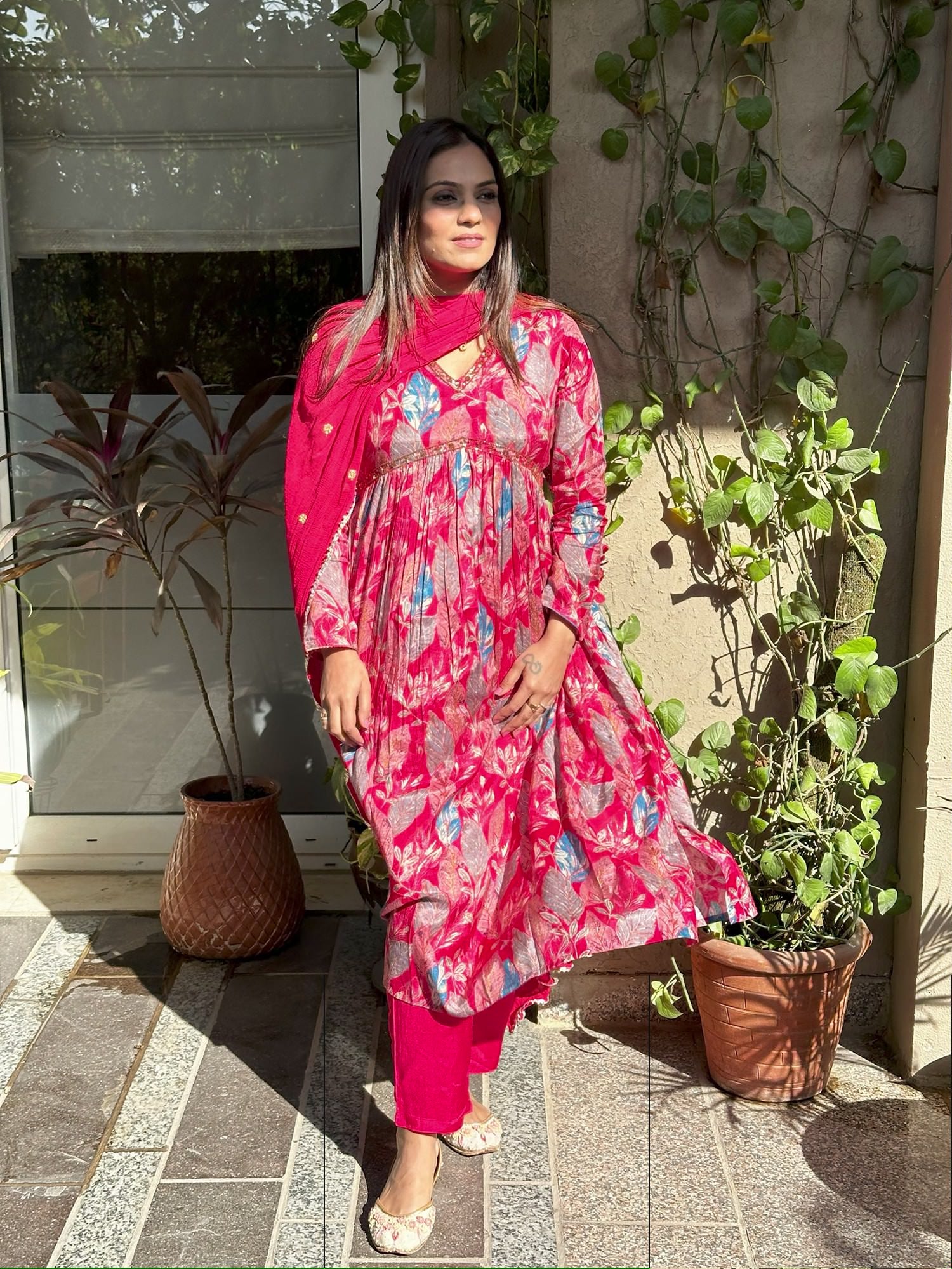 Red Grey Alia Cut Suit with Pants in Mulmul Cotton with Handwork