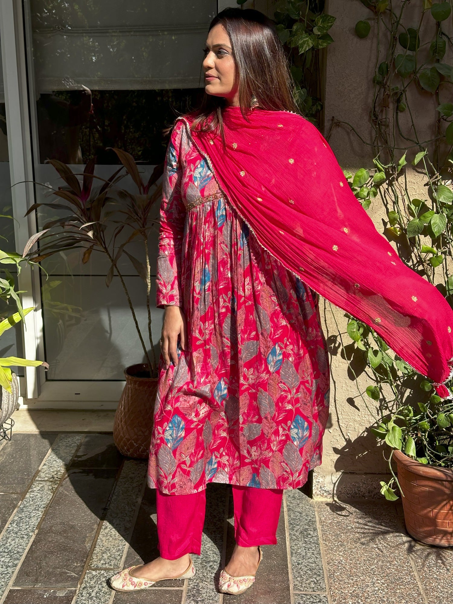 Red Grey Alia Cut Suit with Pants in Mulmul Cotton with Handwork