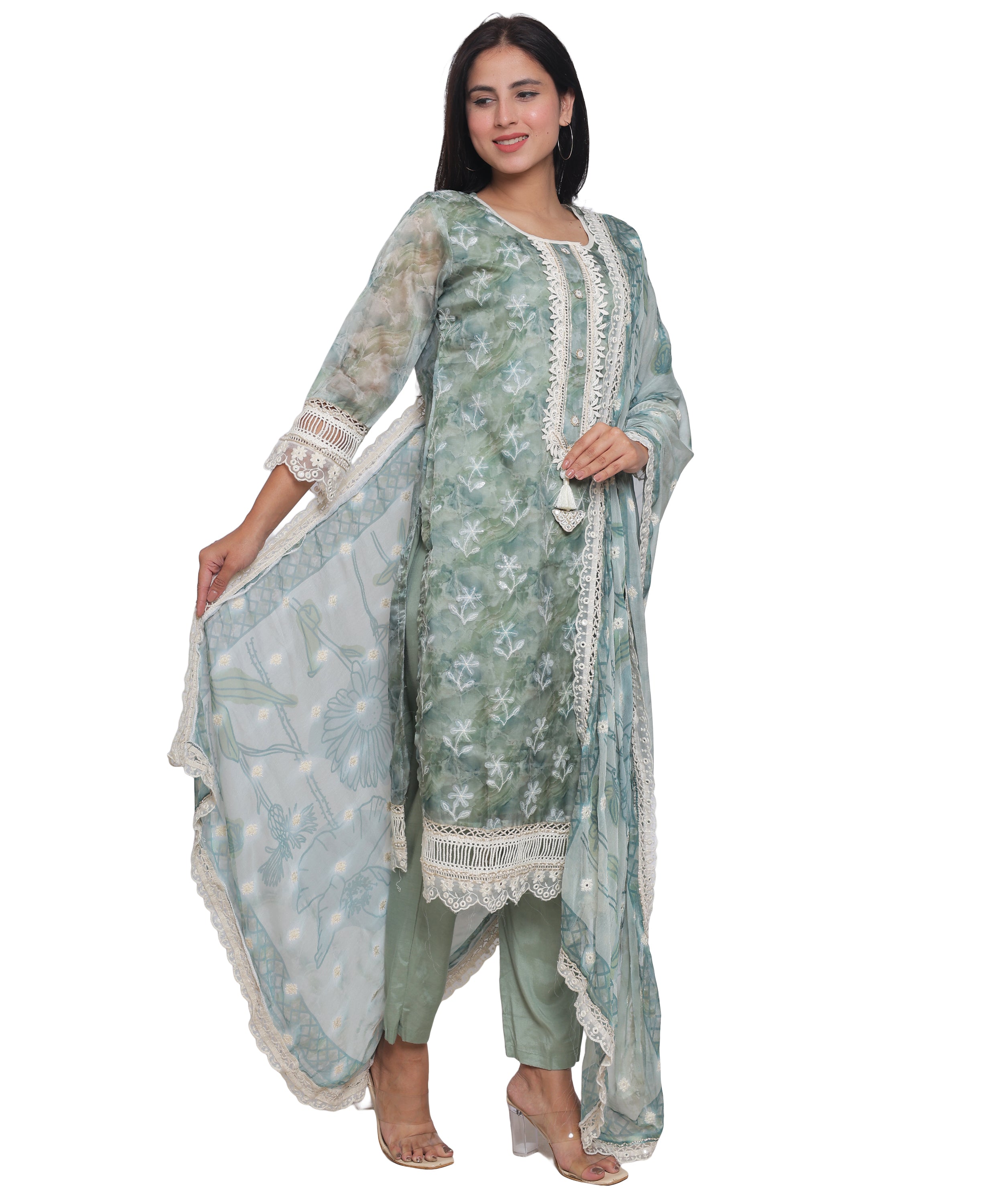 Green Floral Straight Suit with Pants in Mulmul Cotton with Crochet