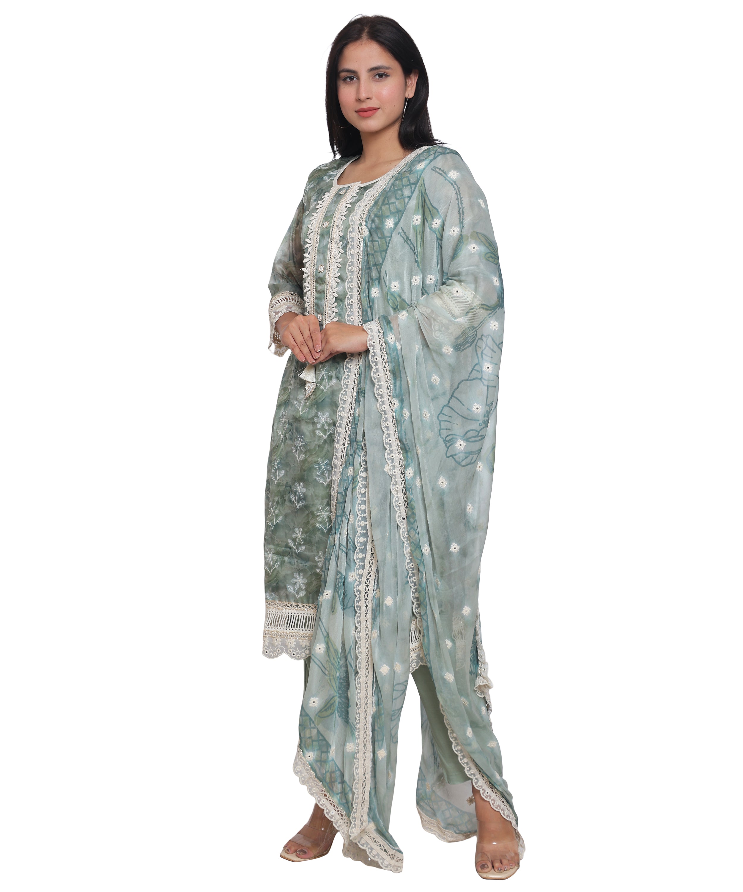 Green Floral Straight Suit with Pants in Mulmul Cotton with Crochet