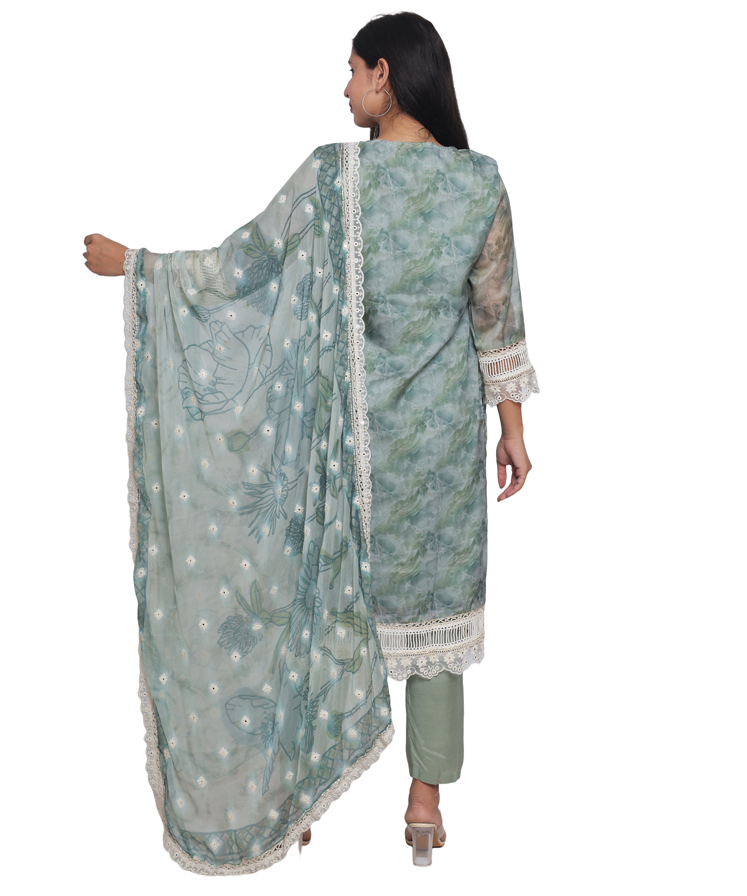 Green Floral Straight Suit with Pants in Mulmul Cotton with Crochet