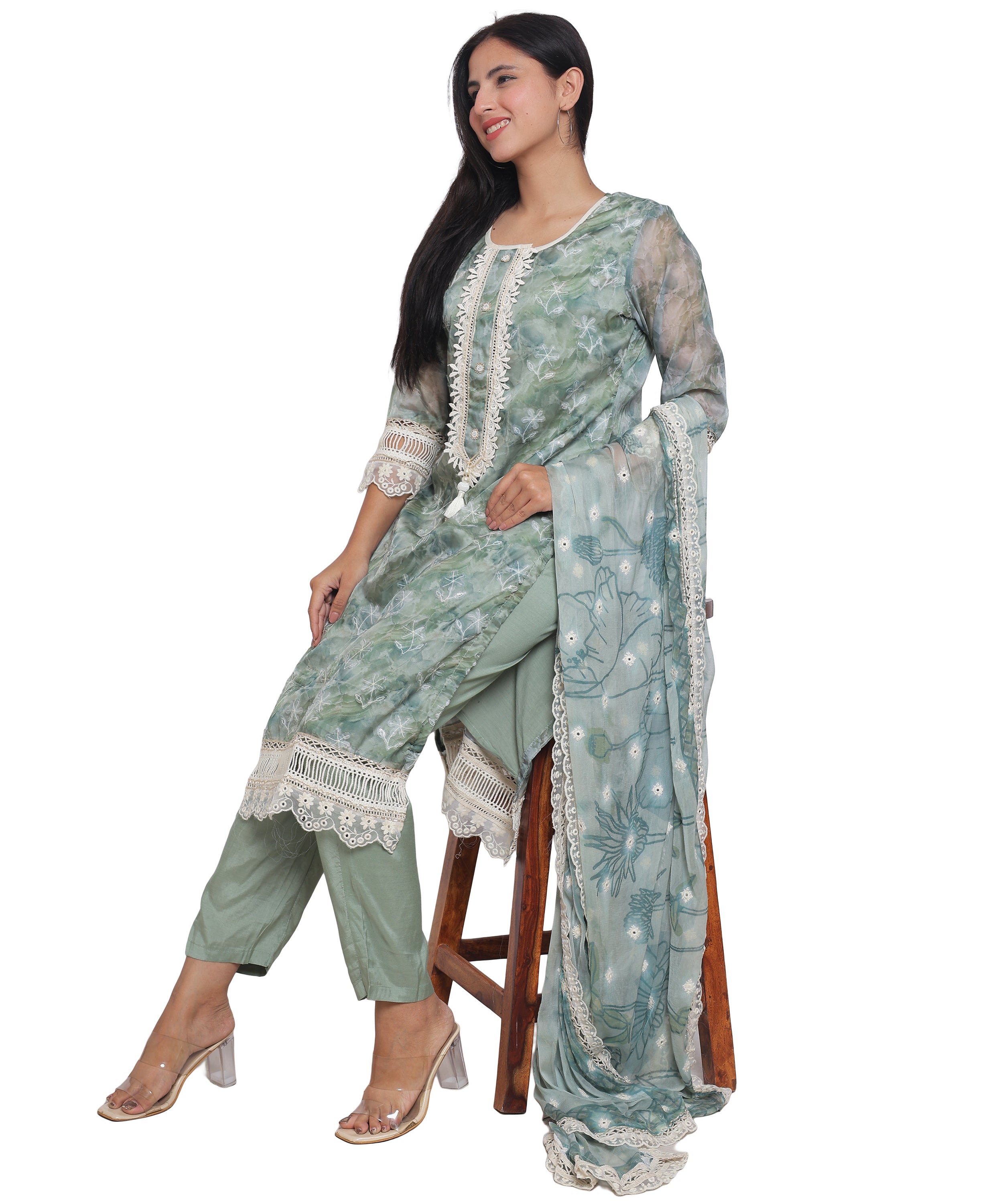 Green Floral Straight Suit with Pants in Mulmul Cotton with Crochet