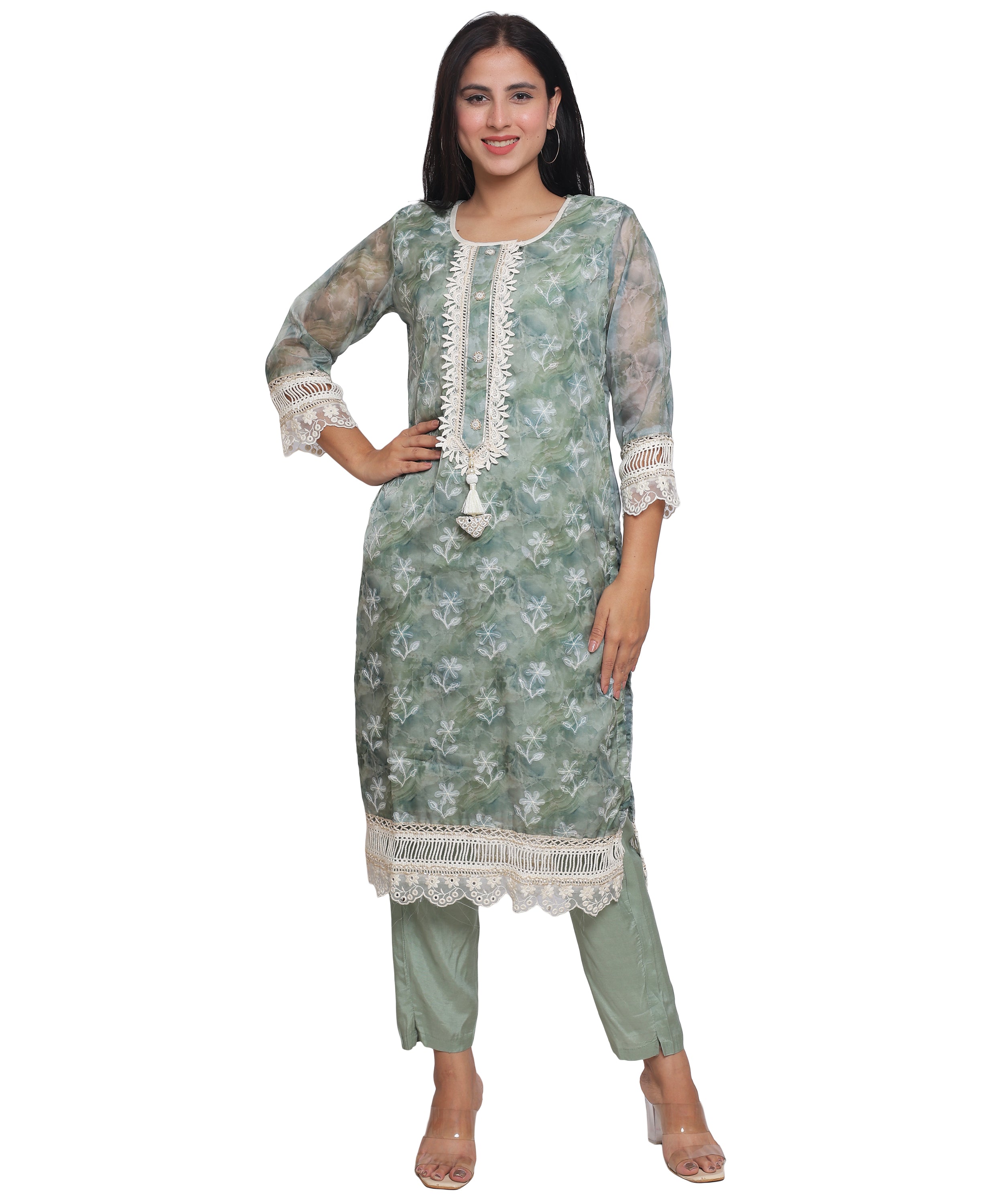 Green Floral Straight Suit with Pants in Mulmul Cotton with Crochet