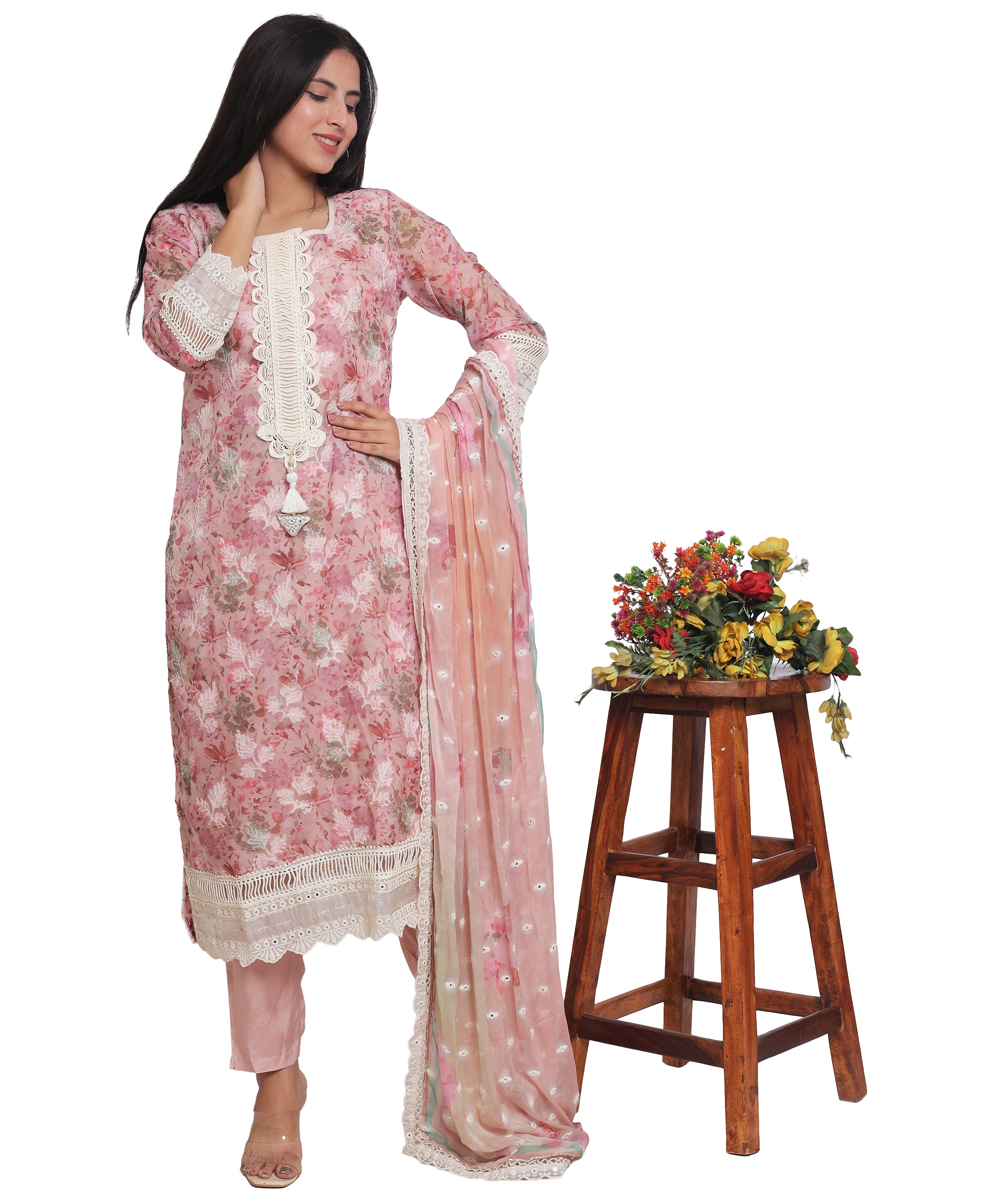 Pink Floral Straight Suit with Pants in Mulmul Cotton with Crochet