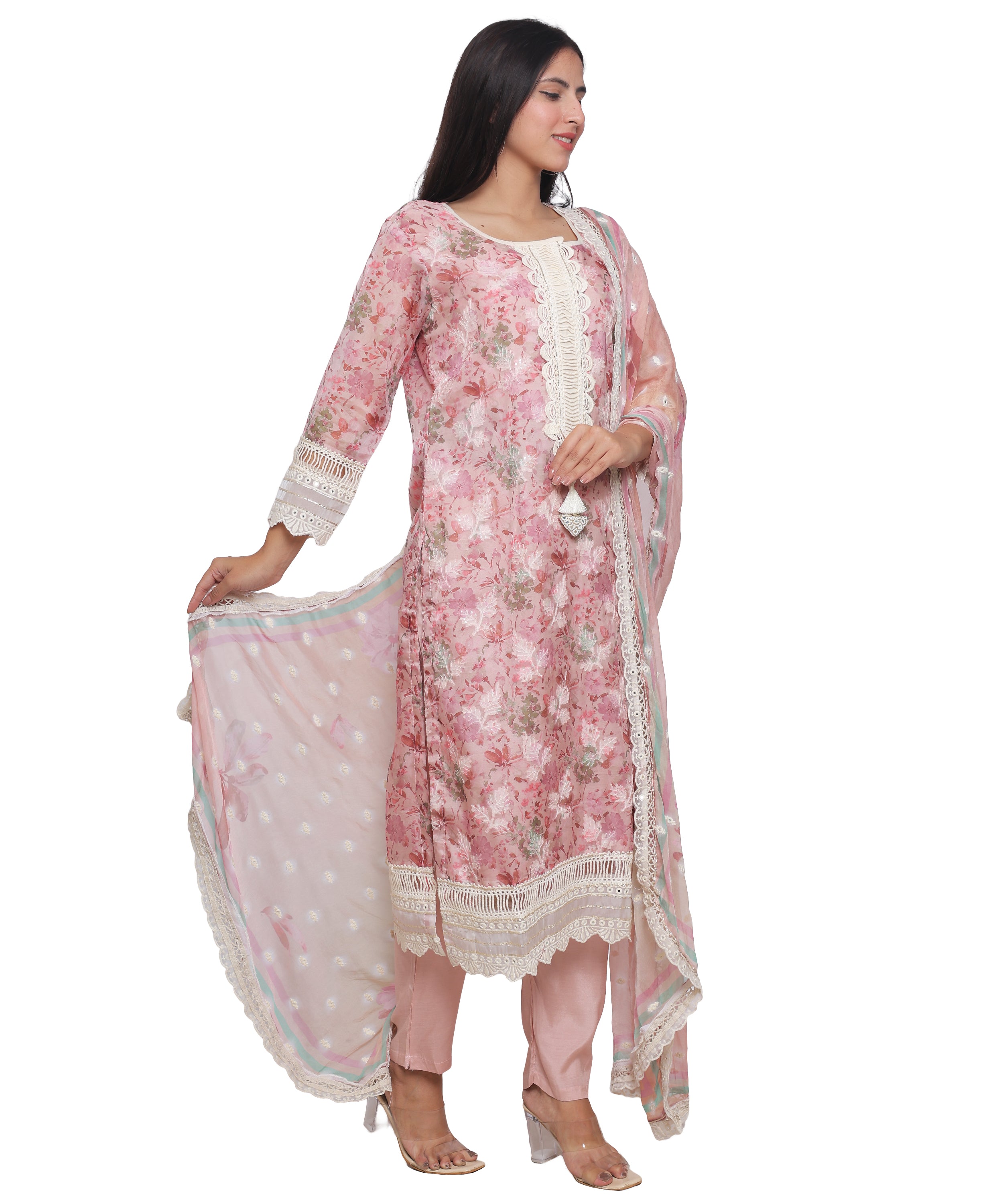 Pink Floral Straight Suit with Pants in Mulmul Cotton with Crochet