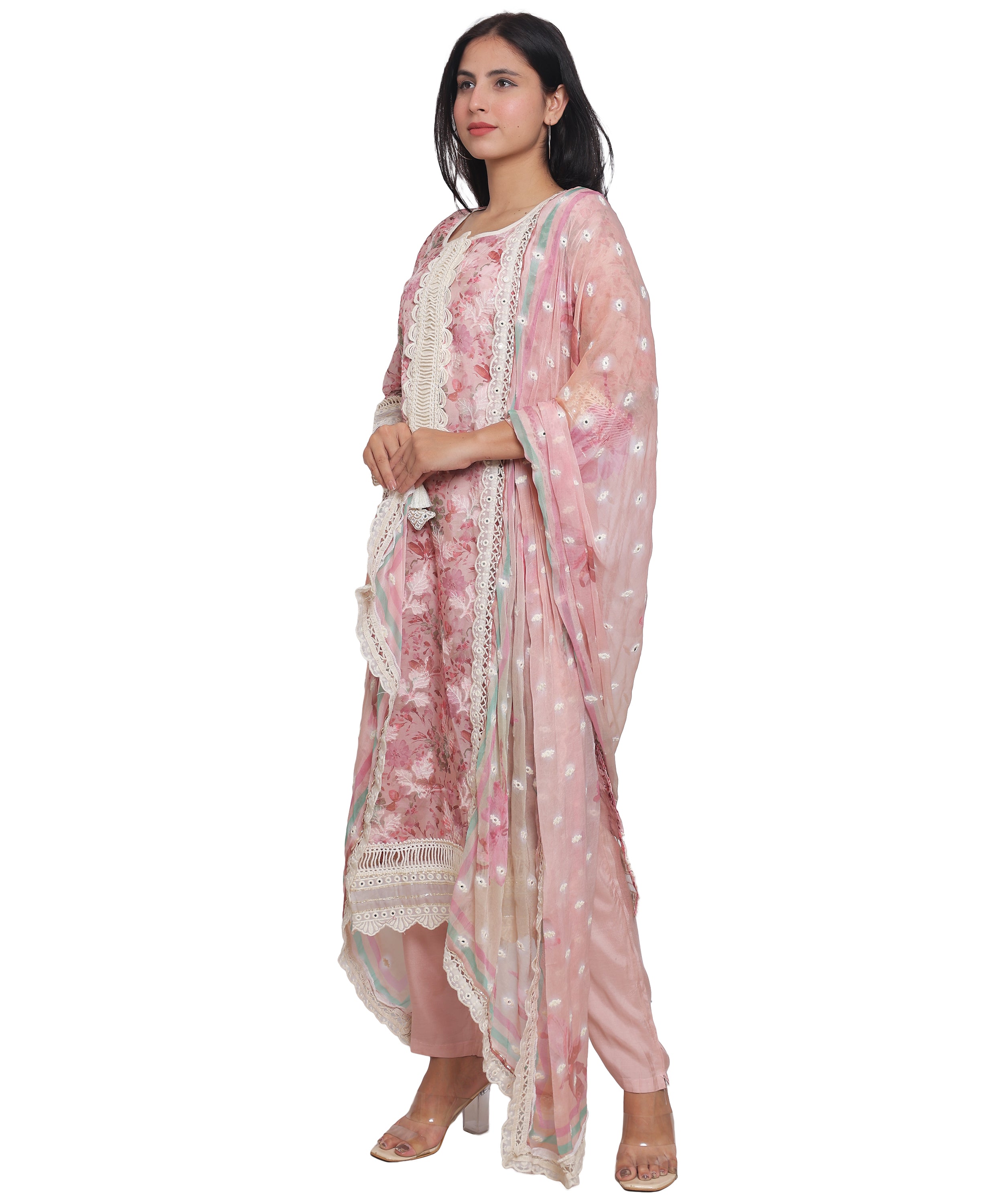 Pink Floral Straight Suit with Pants in Mulmul Cotton with Crochet