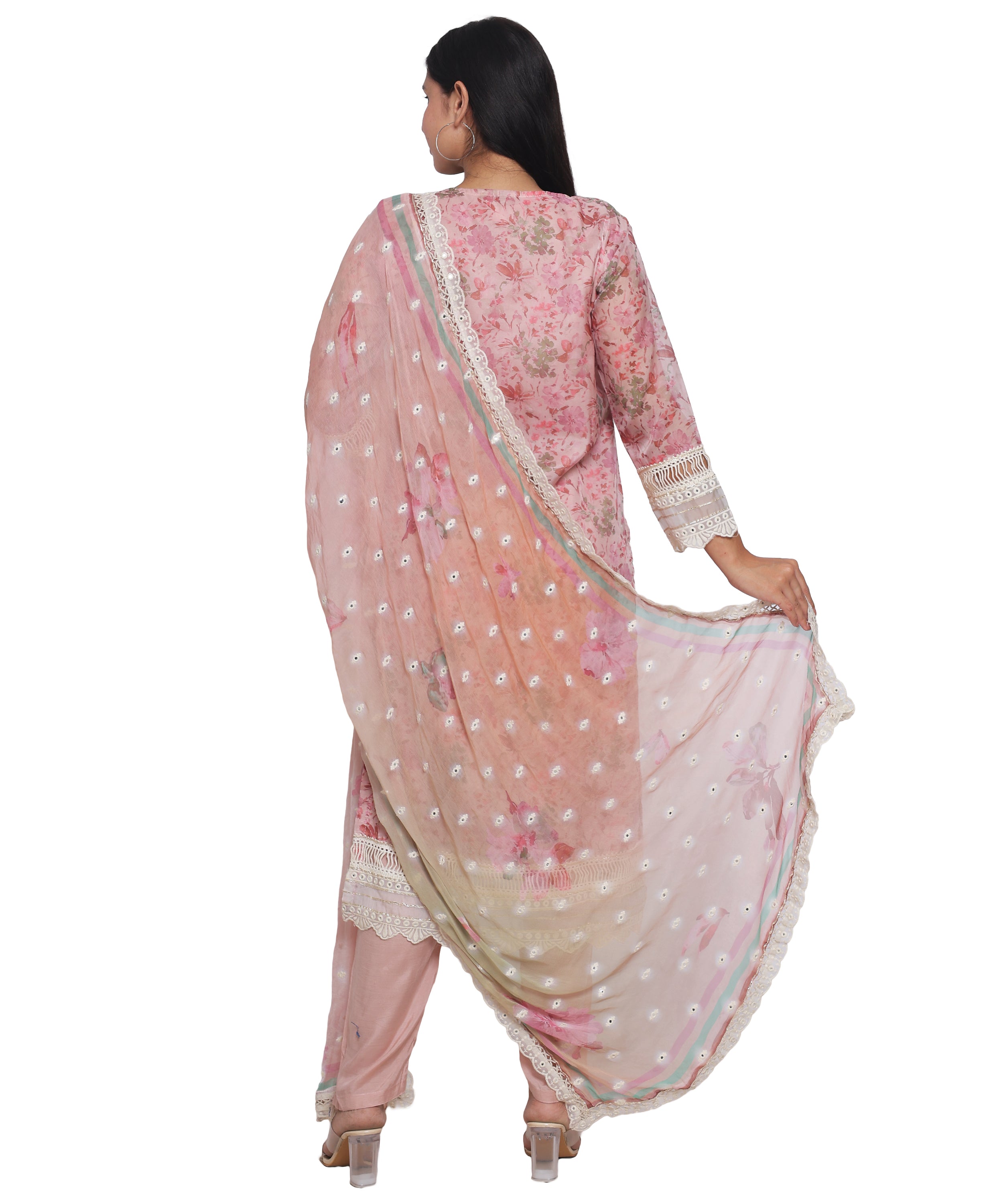 Pink Floral Straight Suit with Pants in Mulmul Cotton with Crochet