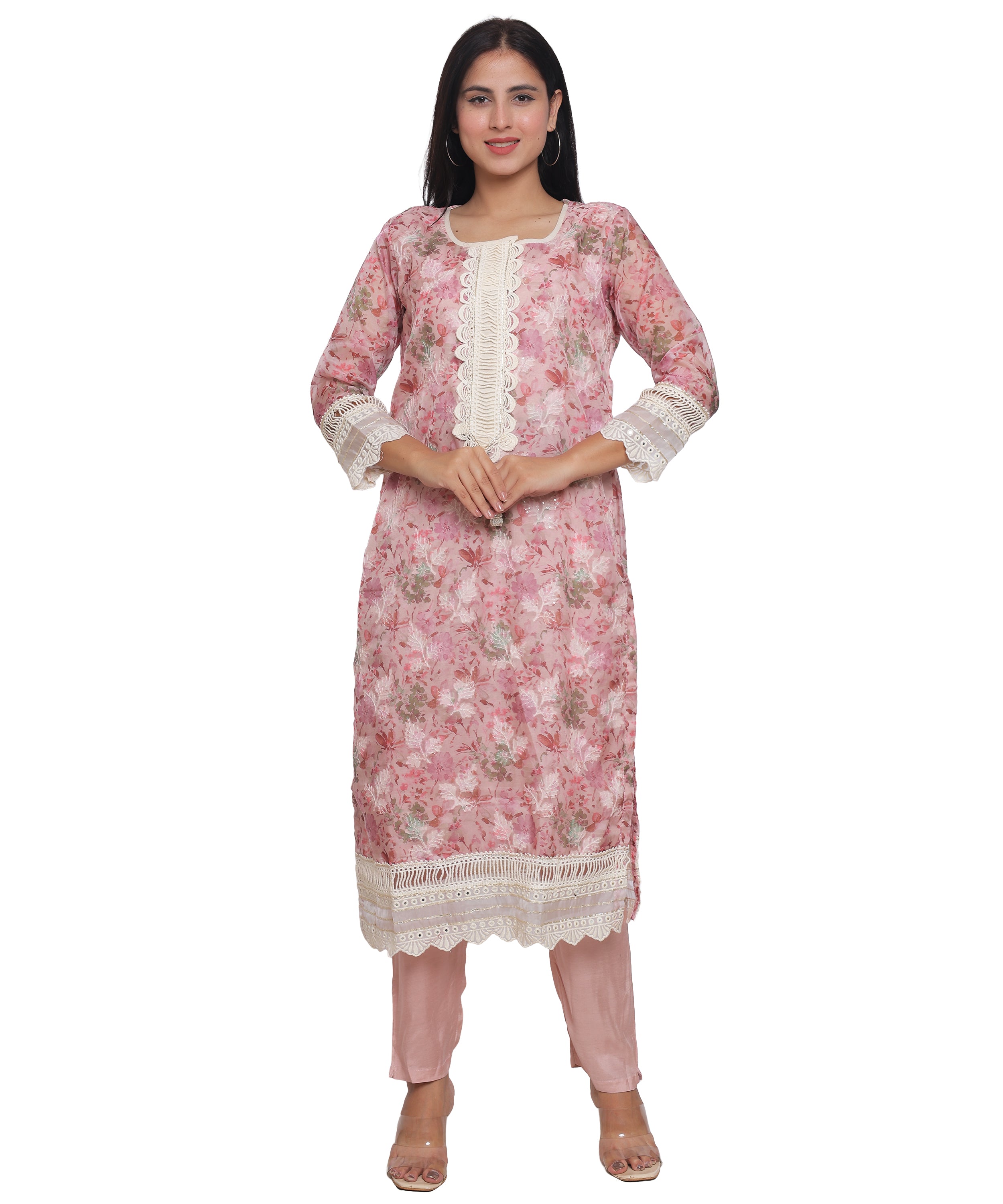 Pink Floral Straight Suit with Pants in Mulmul Cotton with Crochet