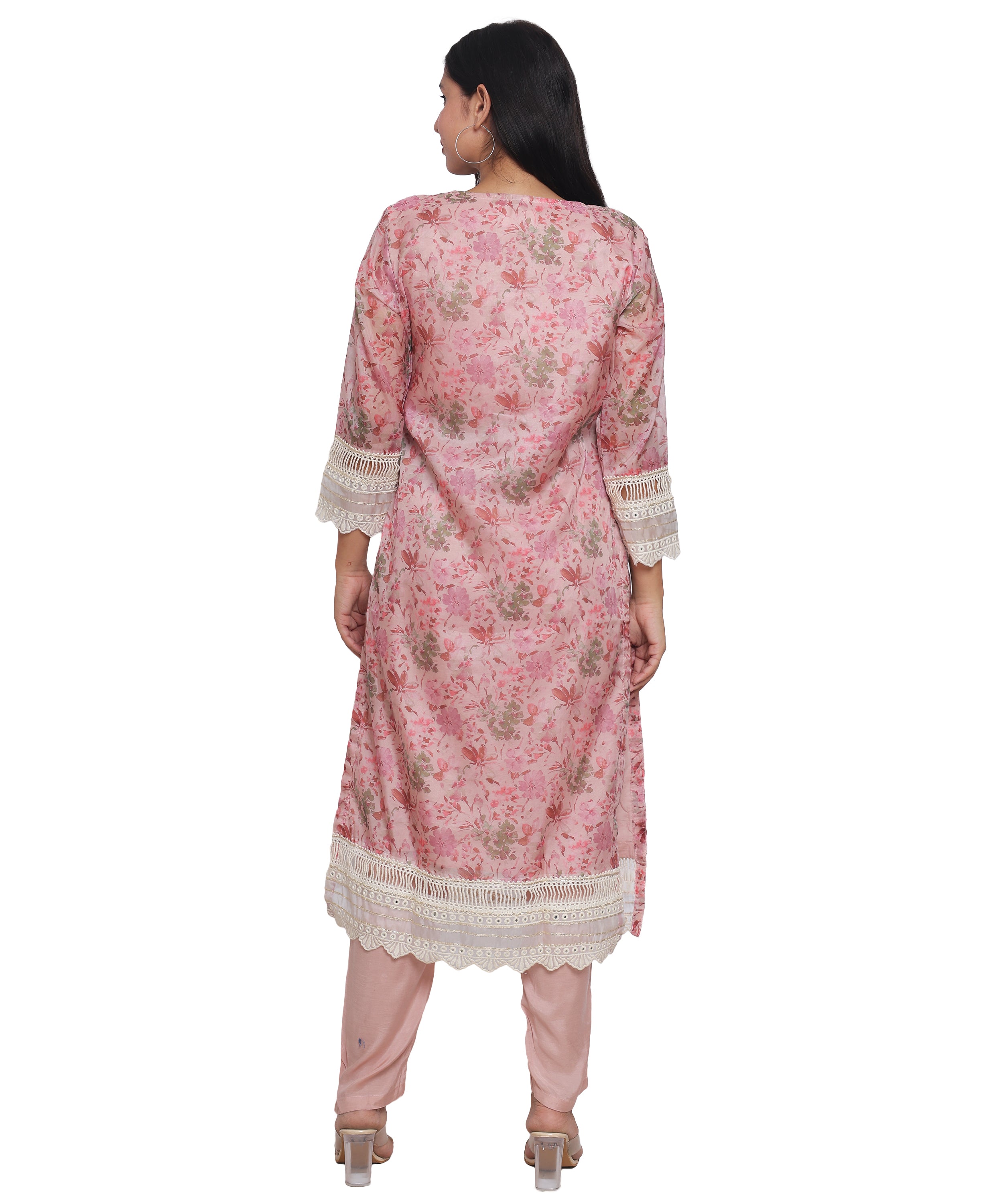 Pink Floral Straight Suit with Pants in Mulmul Cotton with Crochet