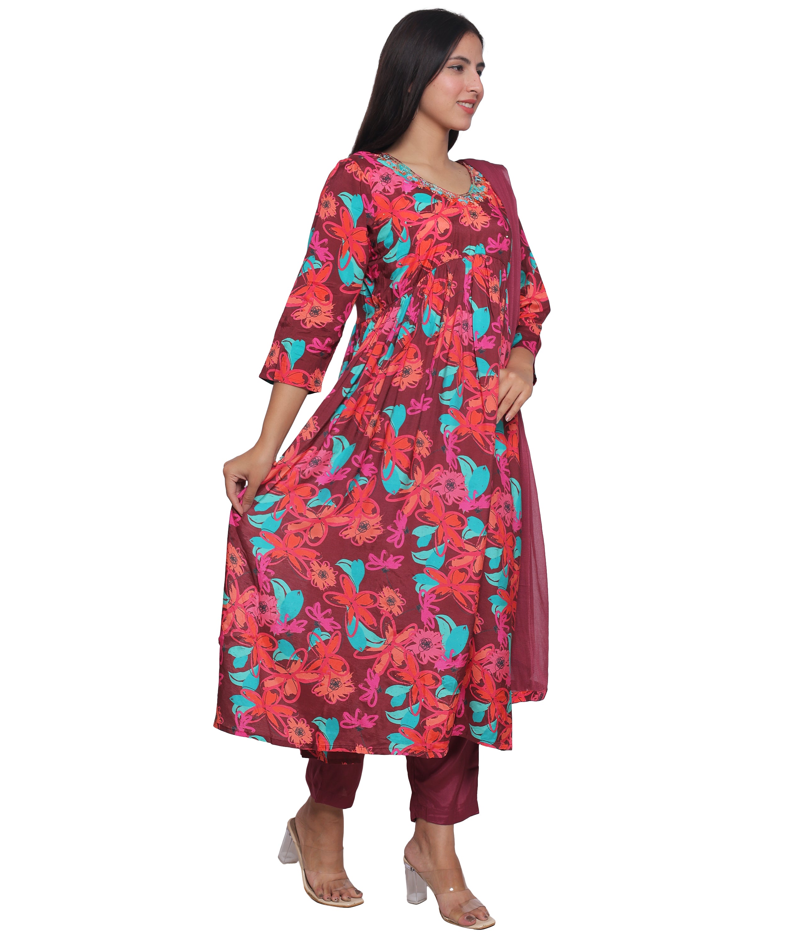 Wine Floral Alia Cut Suit with Pants in Mulmul Cotton with Handwork