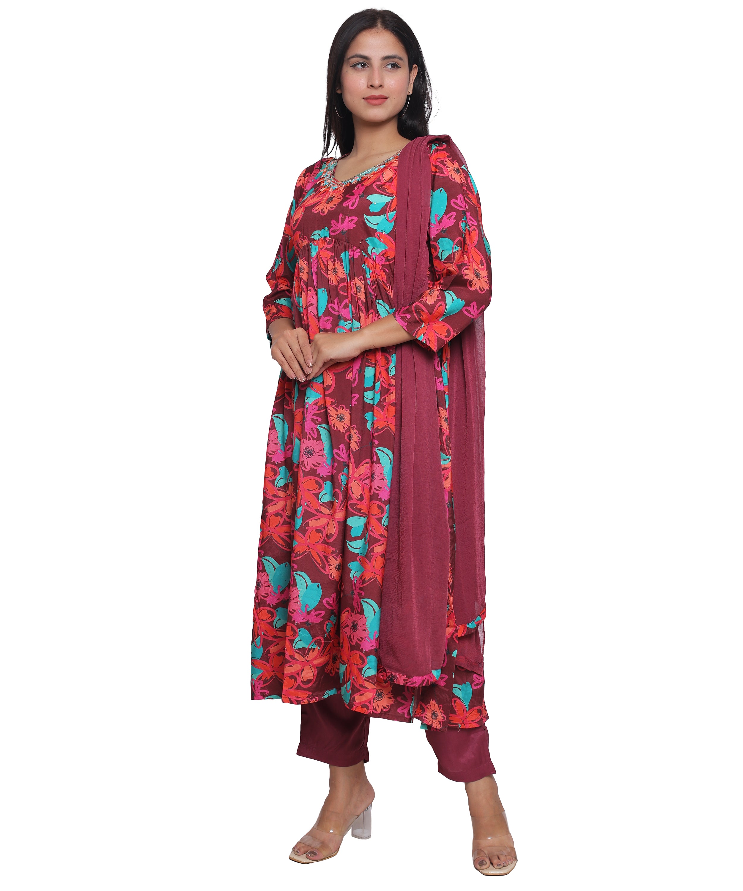 Wine Floral Alia Cut Suit with Pants in Mulmul Cotton with Handwork