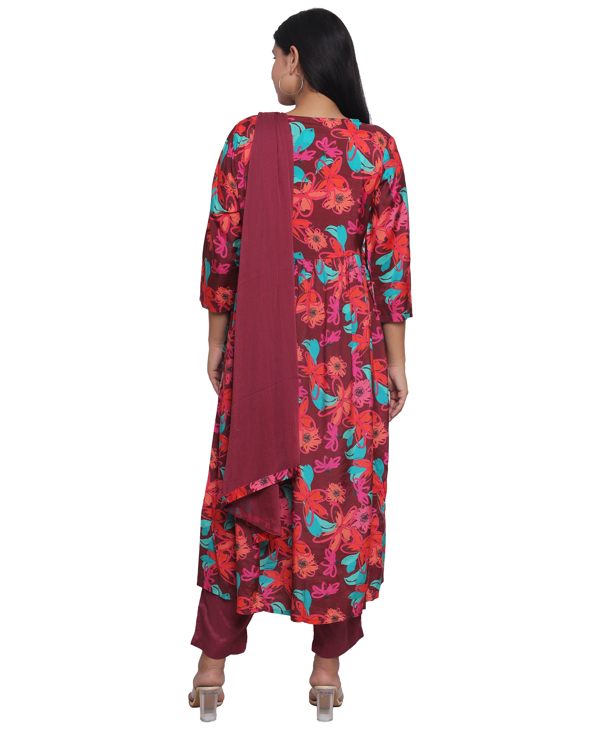 Wine Floral Alia Cut Suit with Pants in Mulmul Cotton with Handwork