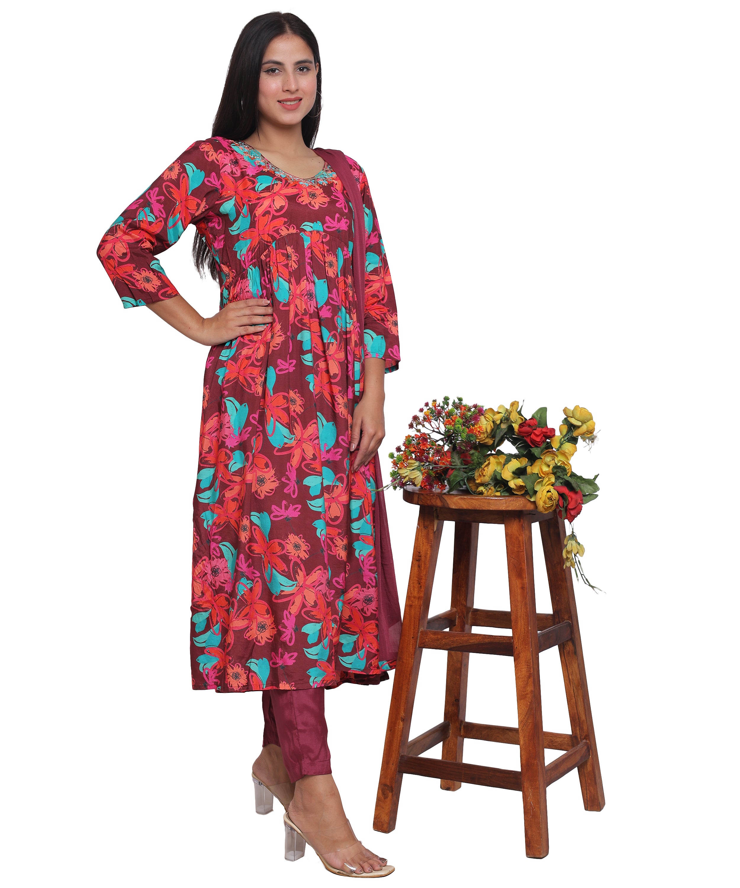 Wine Floral Alia Cut Suit with Pants in Mulmul Cotton with Handwork